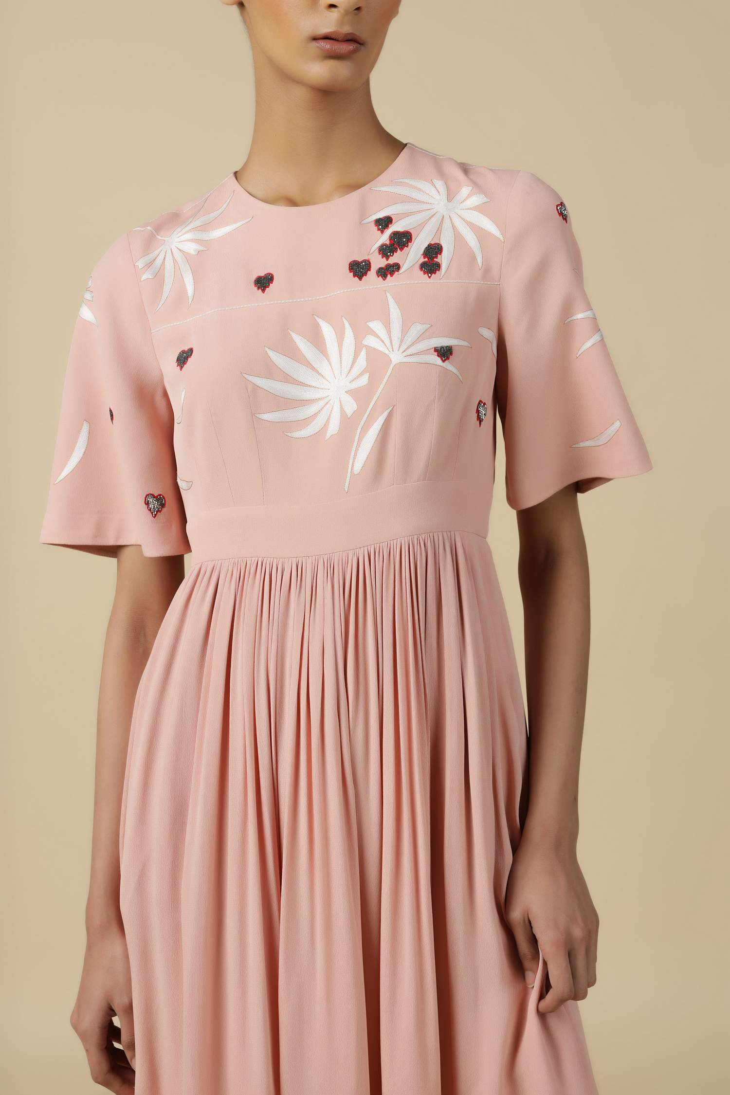 Leaf And Fruit Flared Sleeve Gathered Dress