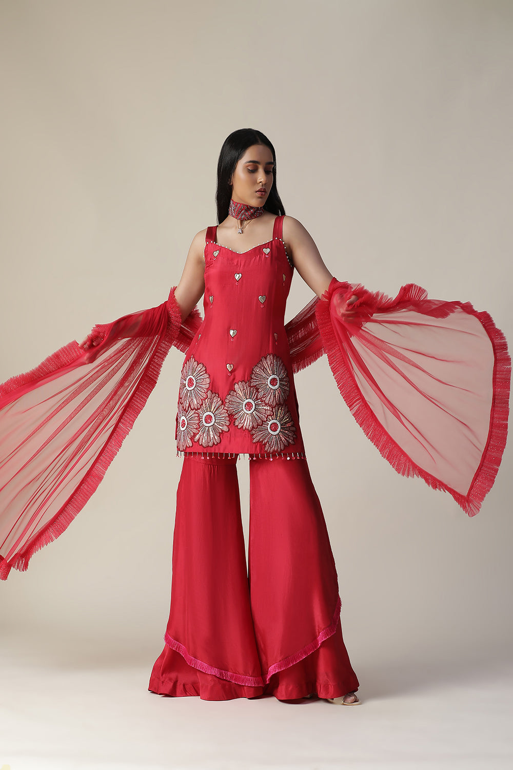 Red Flower Embroidered Sharara Set - Auraya Fashion -  - #tag1# - #tag2# - #tag3# - #tag3#