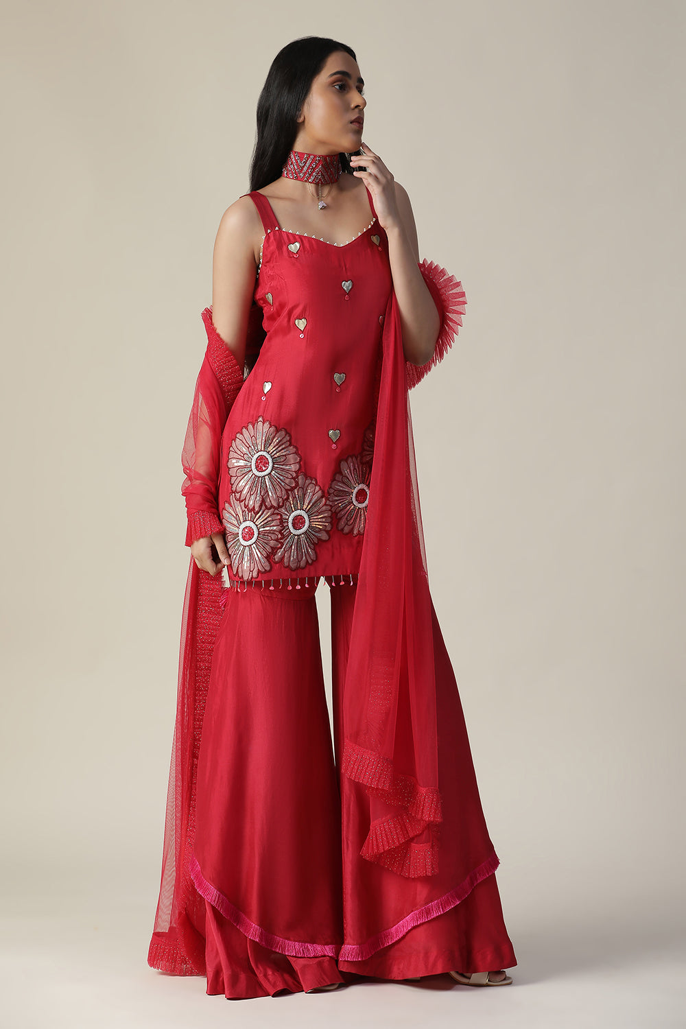 Red Flower Embroidered Sharara Set - Auraya Fashion -  - #tag1# - #tag2# - #tag3# - #tag3#