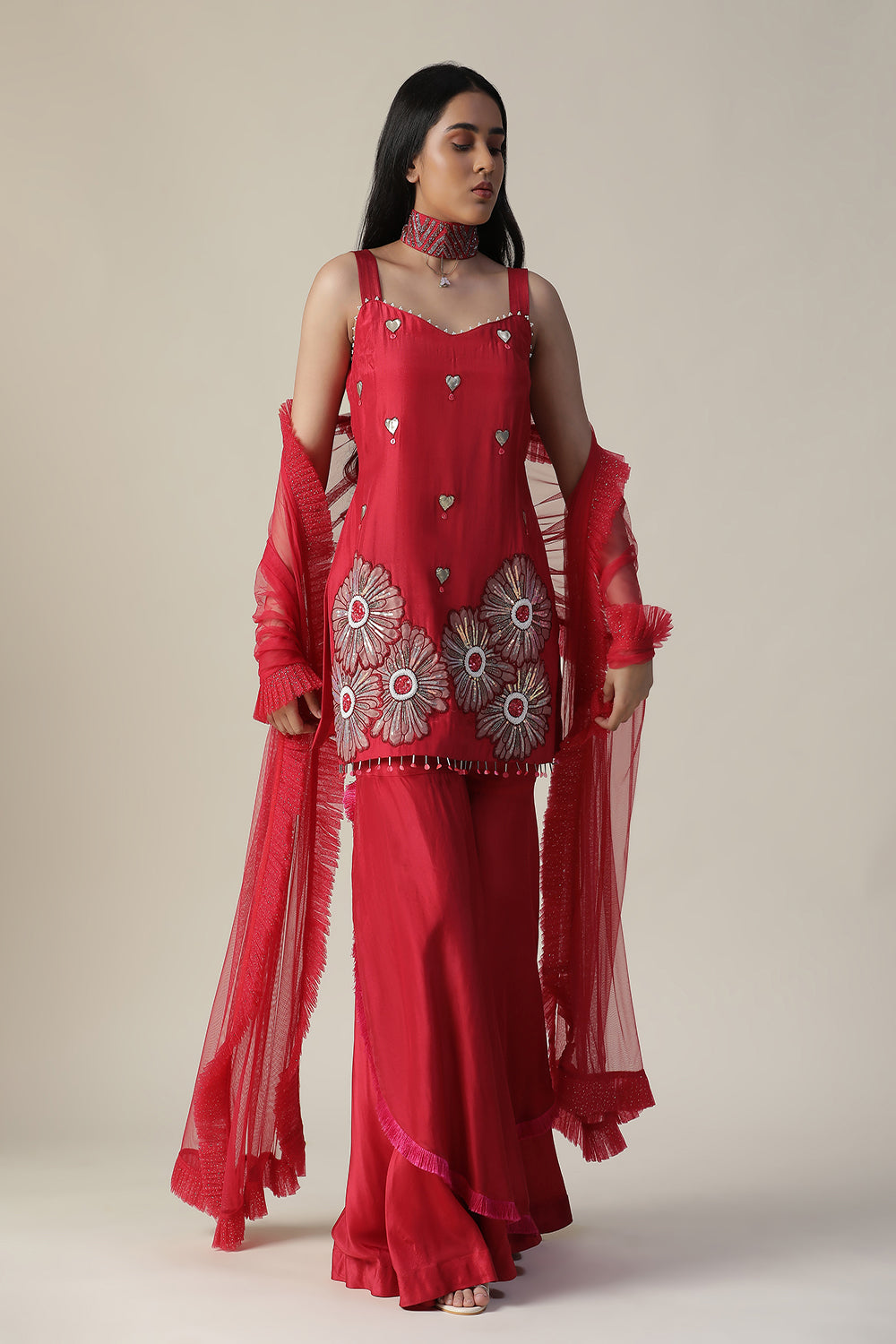 Red Flower Embroidered Sharara Set - Auraya Fashion -  - #tag1# - #tag2# - #tag3# - #tag3#