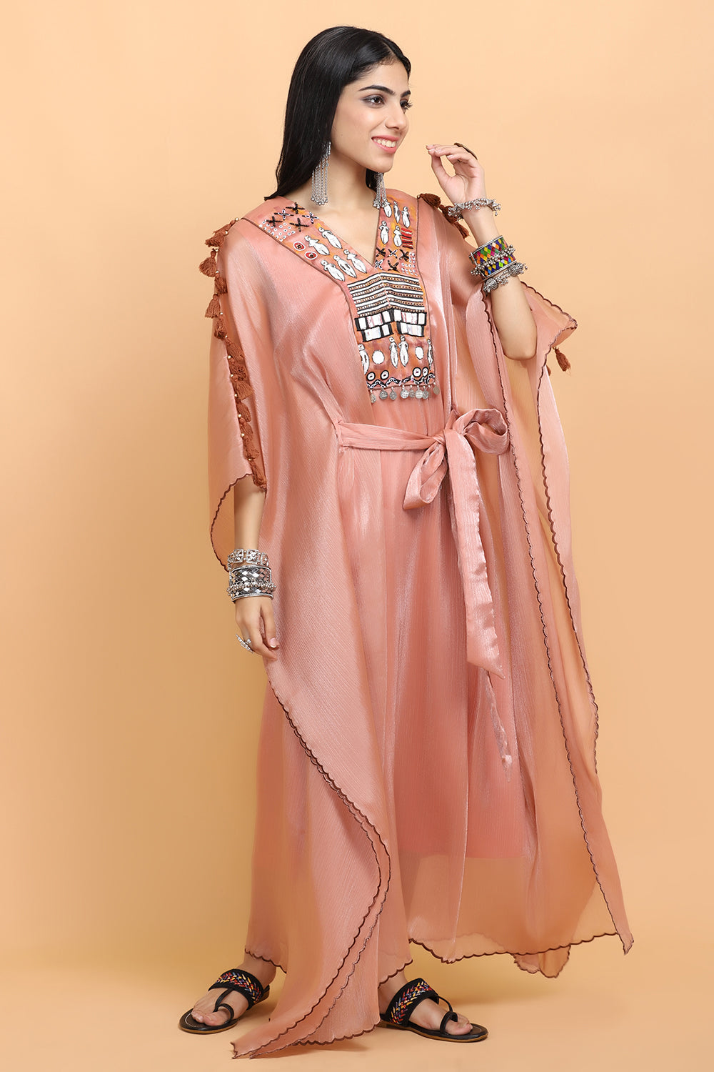 Peach Handpainted Kaftan Set - Auraya Fashion -  - #tag1# - #tag2# - #tag3# - #tag3#