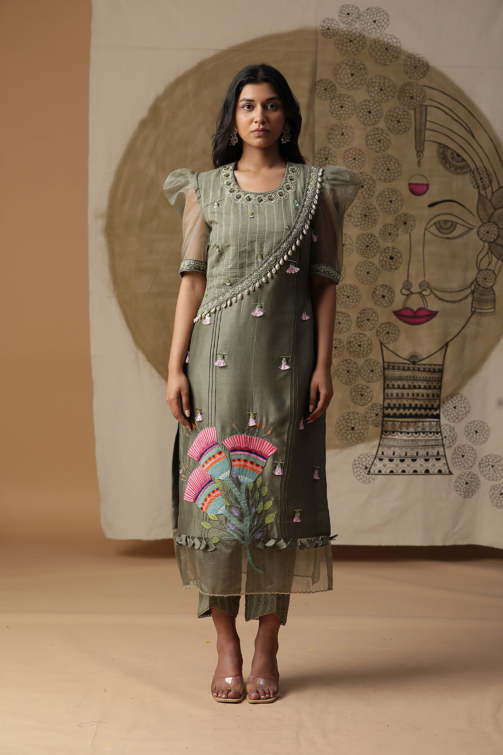 Dusty Green Handpainted Suit Set - Auraya Fashion - Arpita Sulakshana - #tag1# - #tag2# - #tag3# - #tag3#