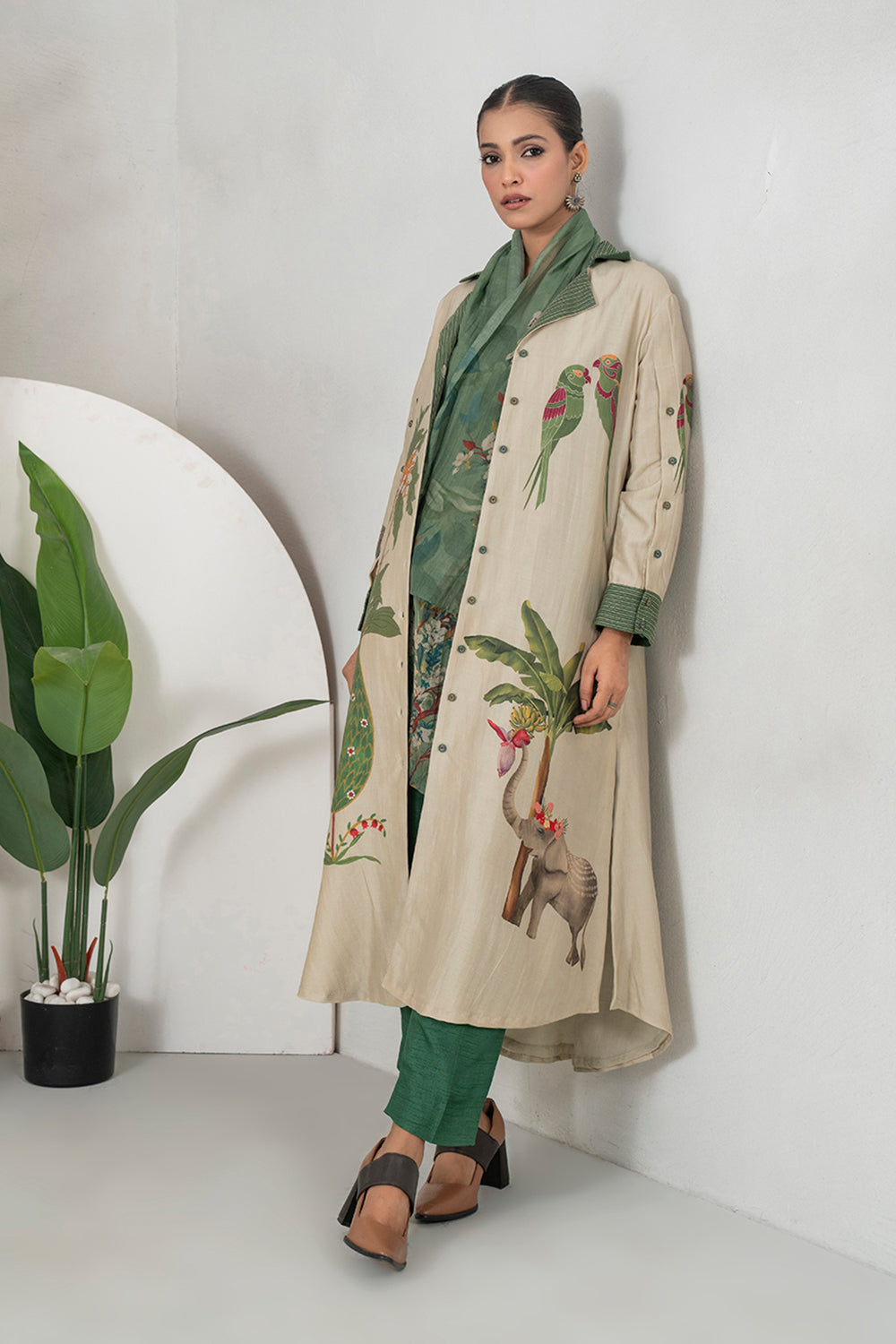 Beige Silk Chanderi Nature-Inspired Printed Dress Set