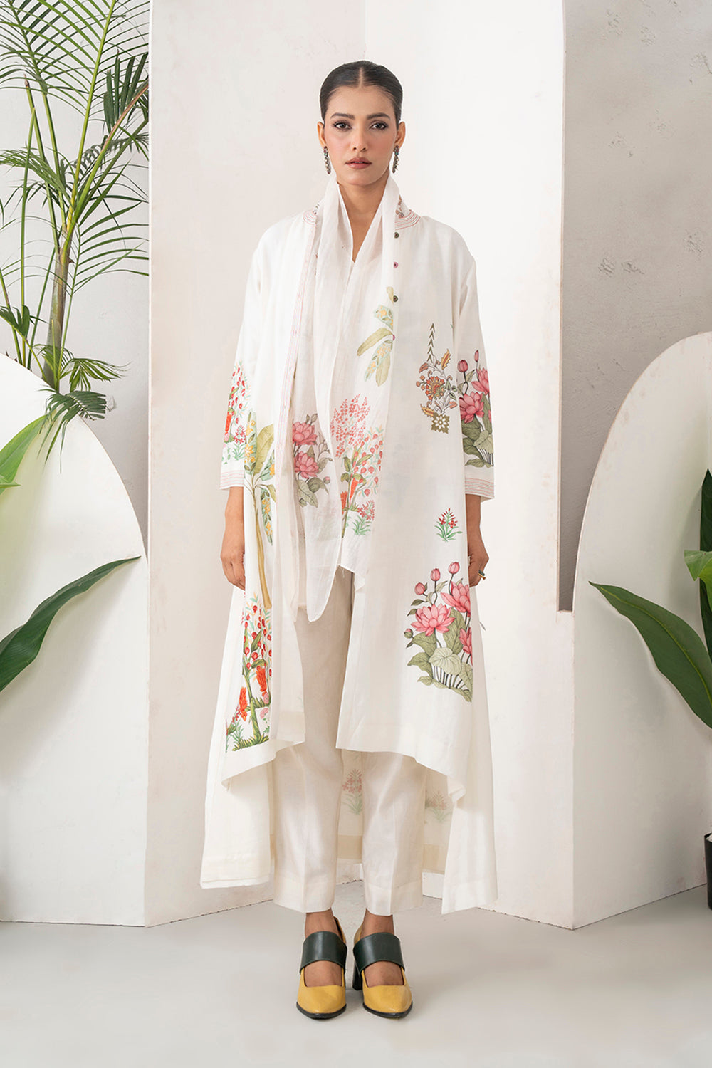 Ivory Silk Chanderi Miniature Art Printed High-Low Dress Set