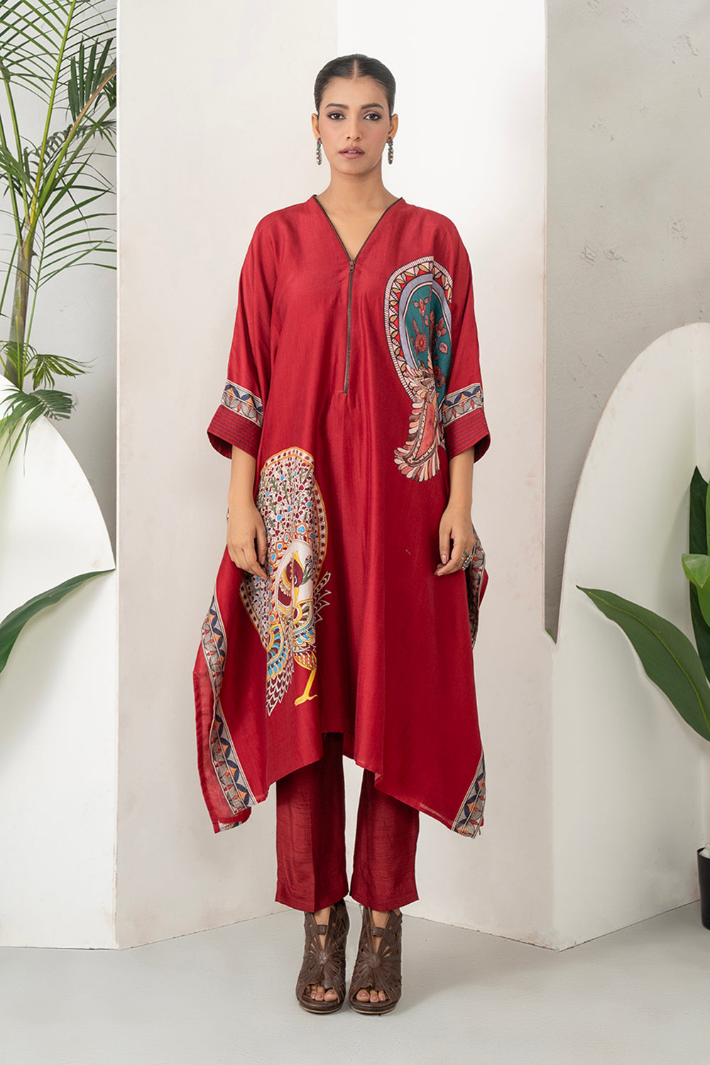 Maroon Silk Chanderi Bold Peacock Printed Zippered Kaftan Set