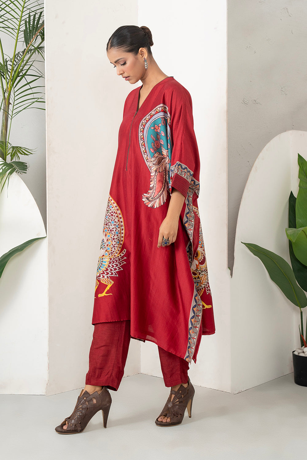 Maroon Silk Chanderi Bold Peacock Printed Zippered Kaftan Set