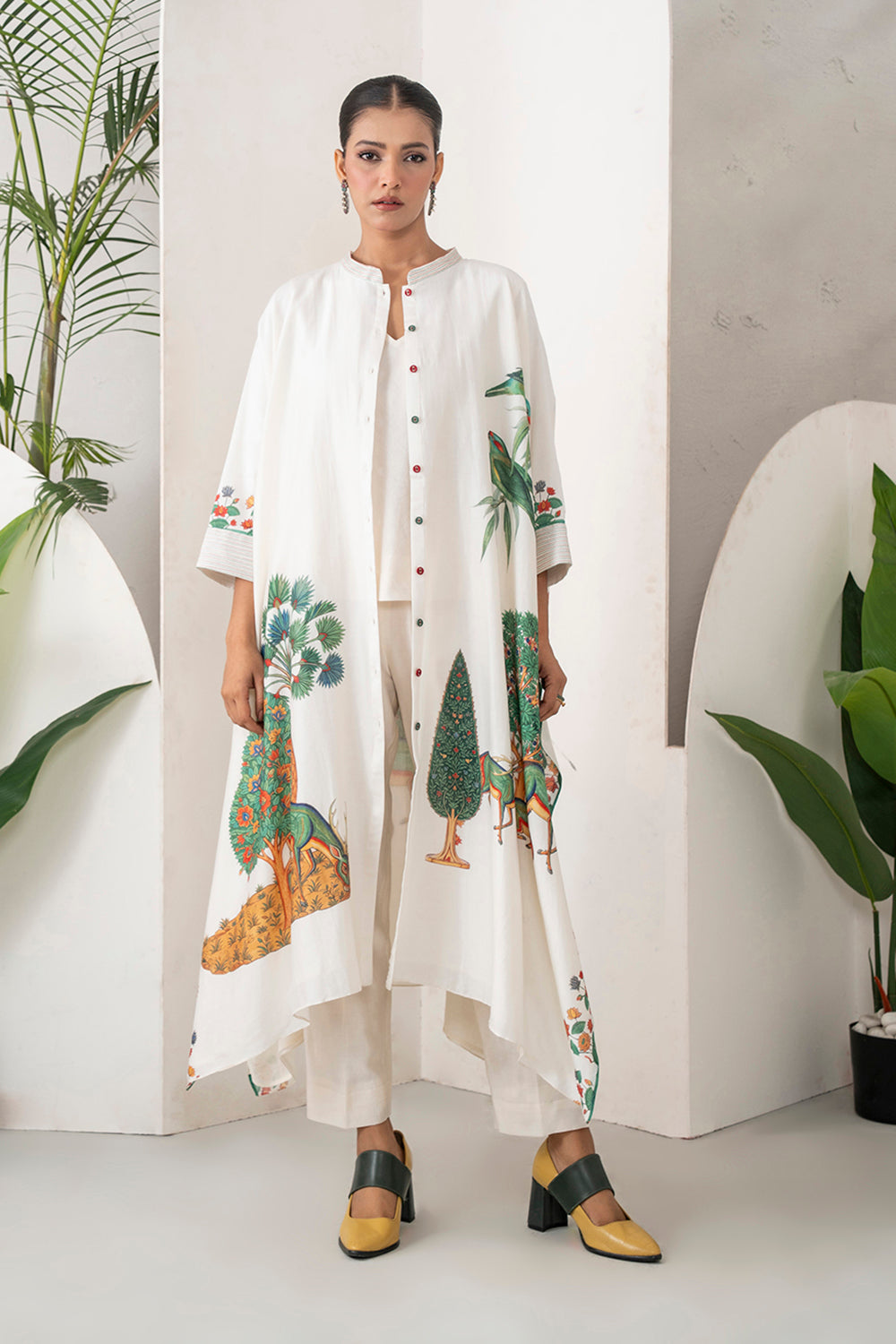 Ivory Silk Chanderi Folk Tale Printed Kaftan Set