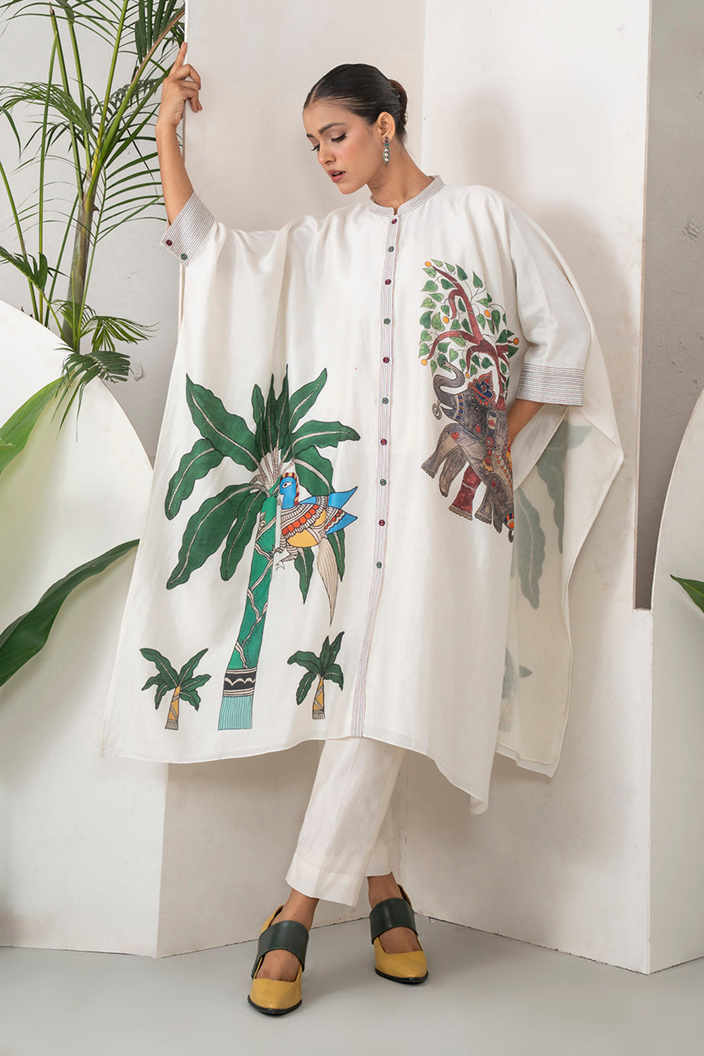 Ivory Silk Chanderi Elephant And Tropical Foliage Printed Kaftan Set
