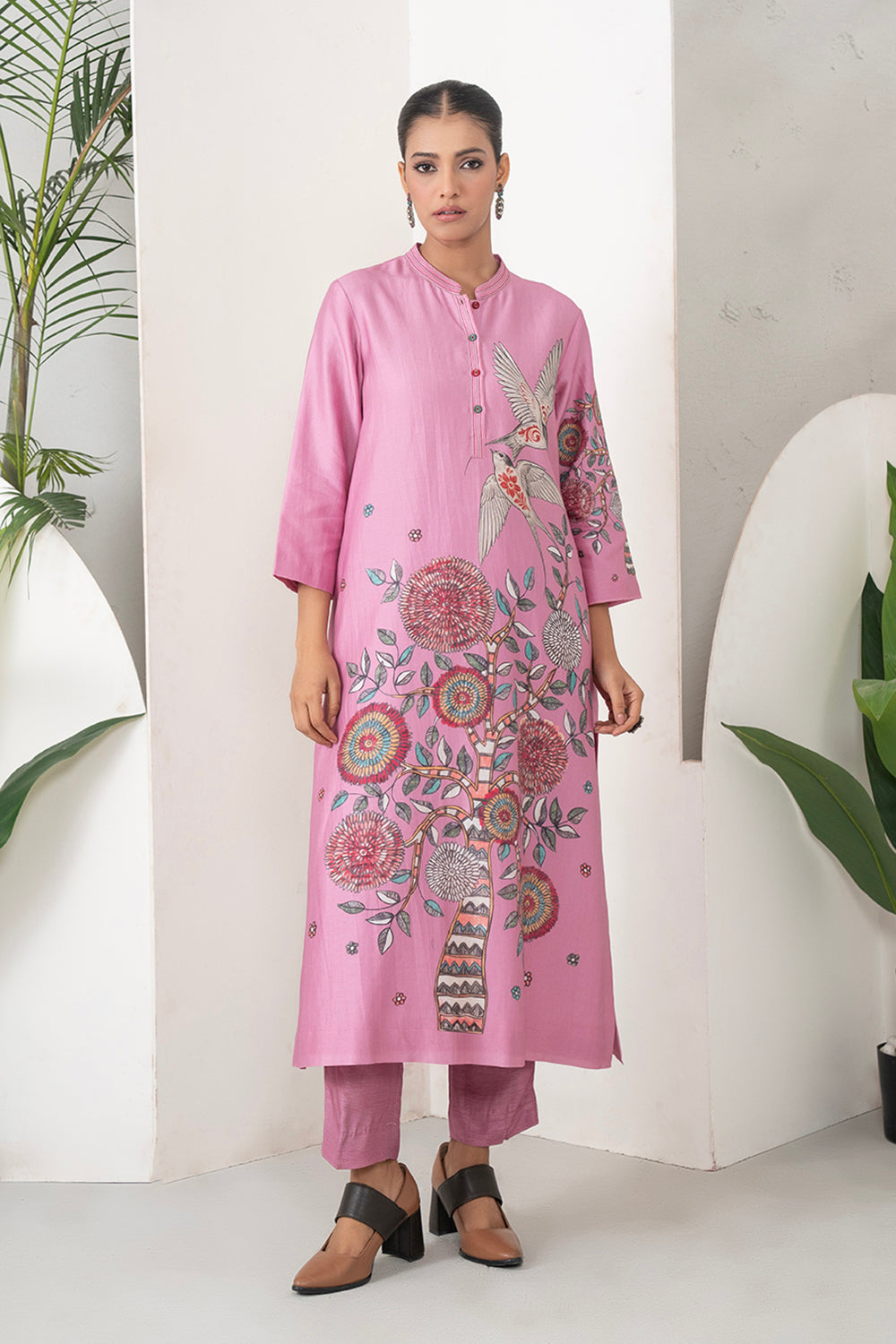 Salmon Pink Silk Chanderi Printed Intricate Bird And Floral Printed Tunic Set