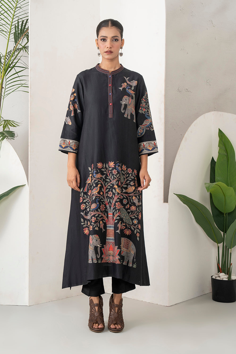 Black Silk Chanderi Rich Folk-Inspired Printed Tunic Set