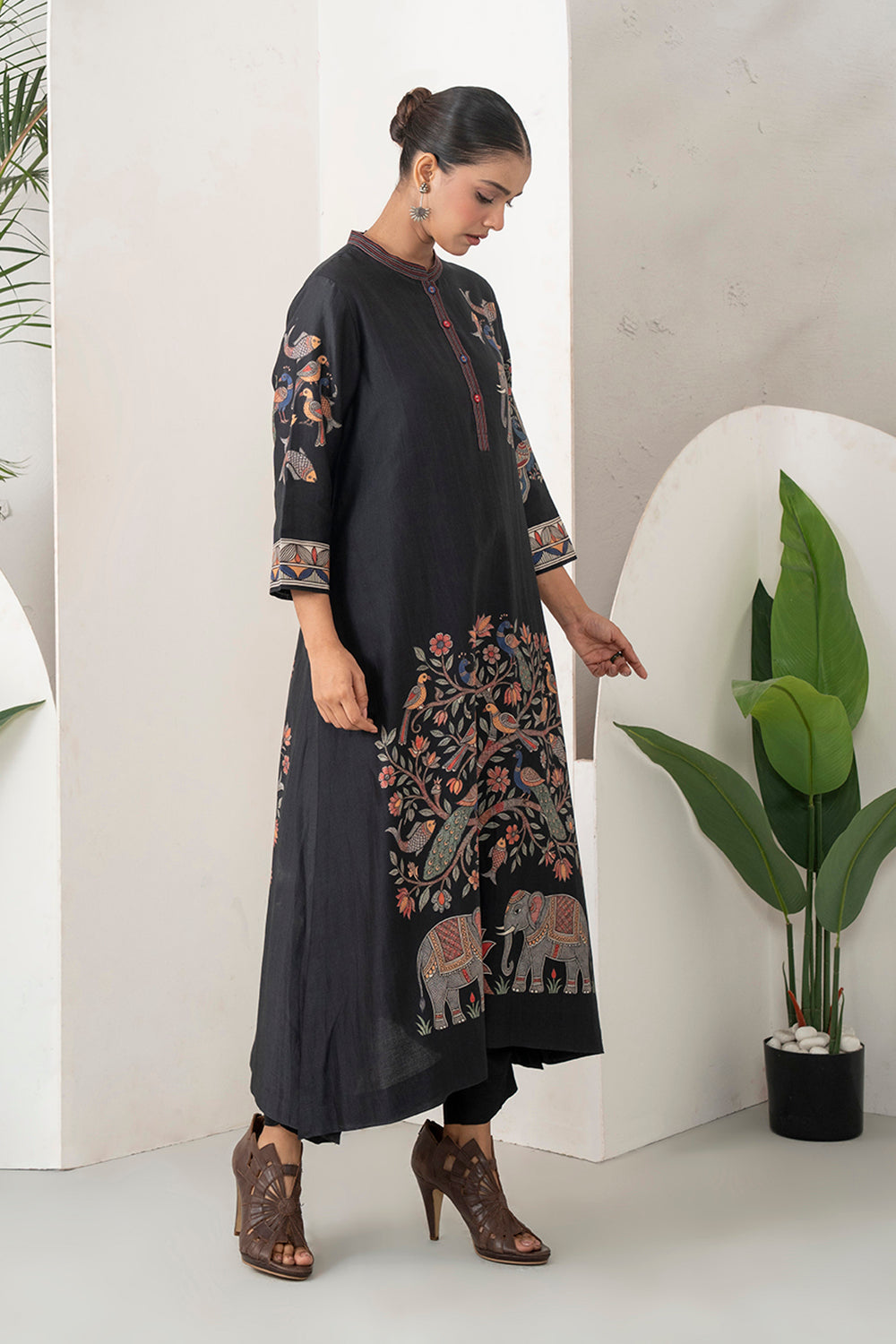 Black Silk Chanderi Rich Folk-Inspired Printed Tunic Set