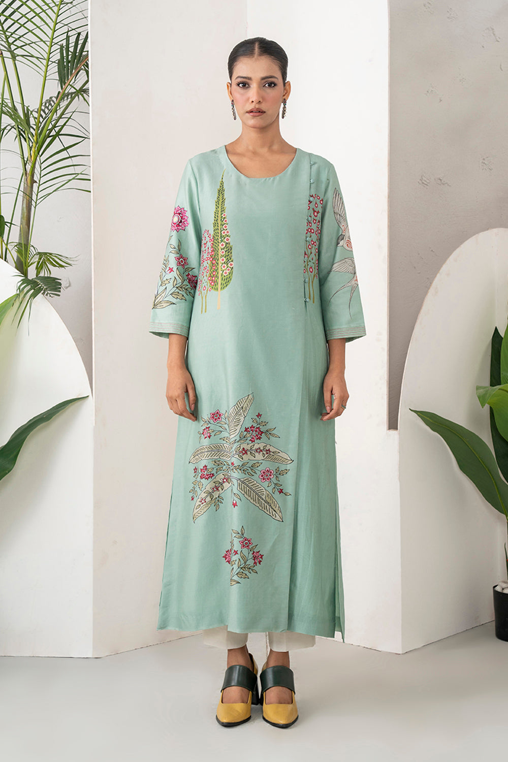 Mint Silk Chanderi Miniature Painting Inspired Printed Dress Set