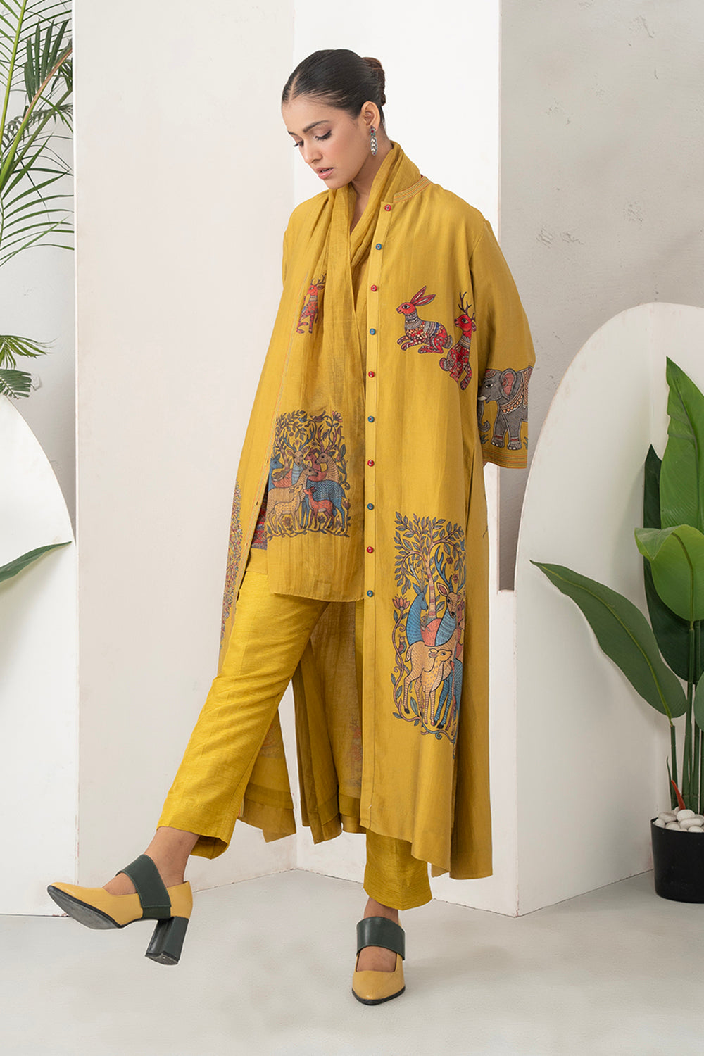 Mustard Silk Chanderi Traditional Inspired Printed Dress Set