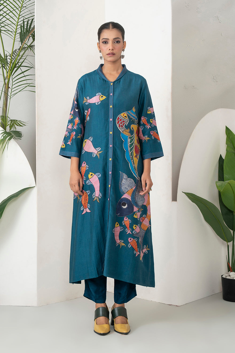 Indigo Silk Chanderi Playful Aquatic Motif Printed Dress Set