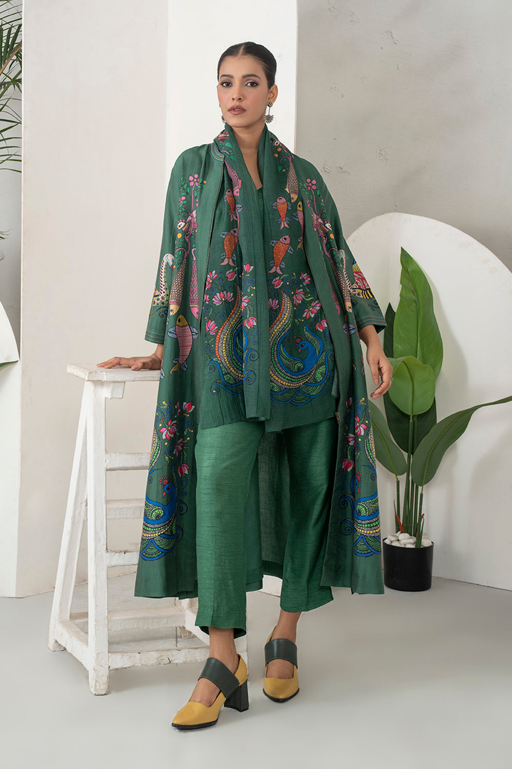 Emerald Silk Chanderi Peacocks And Fish Motifs Printed Dress Set