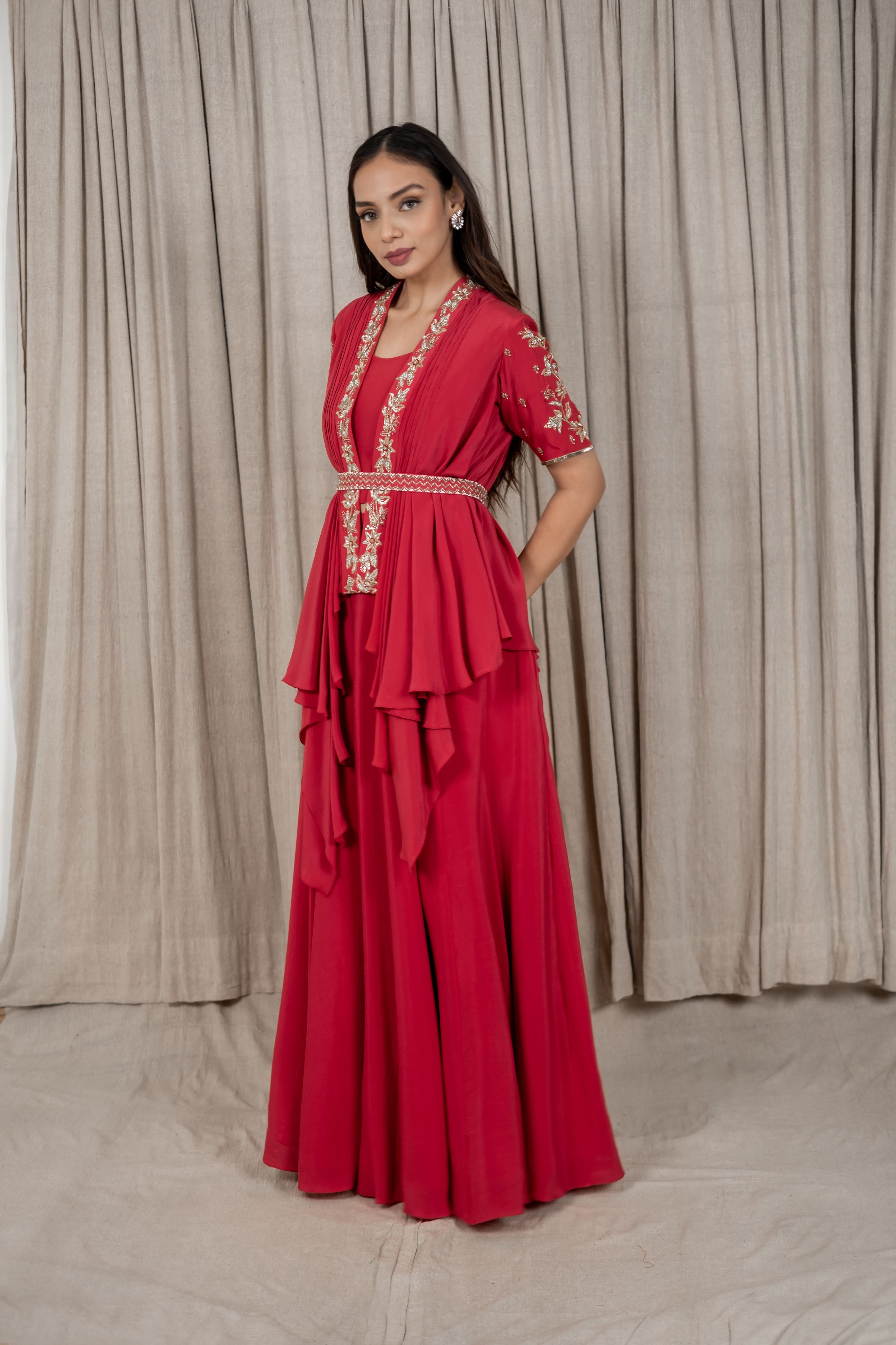Varsana By Vandana Jaju & Aditi Jaju - Berry Red Embroidered Draped Jacket Set