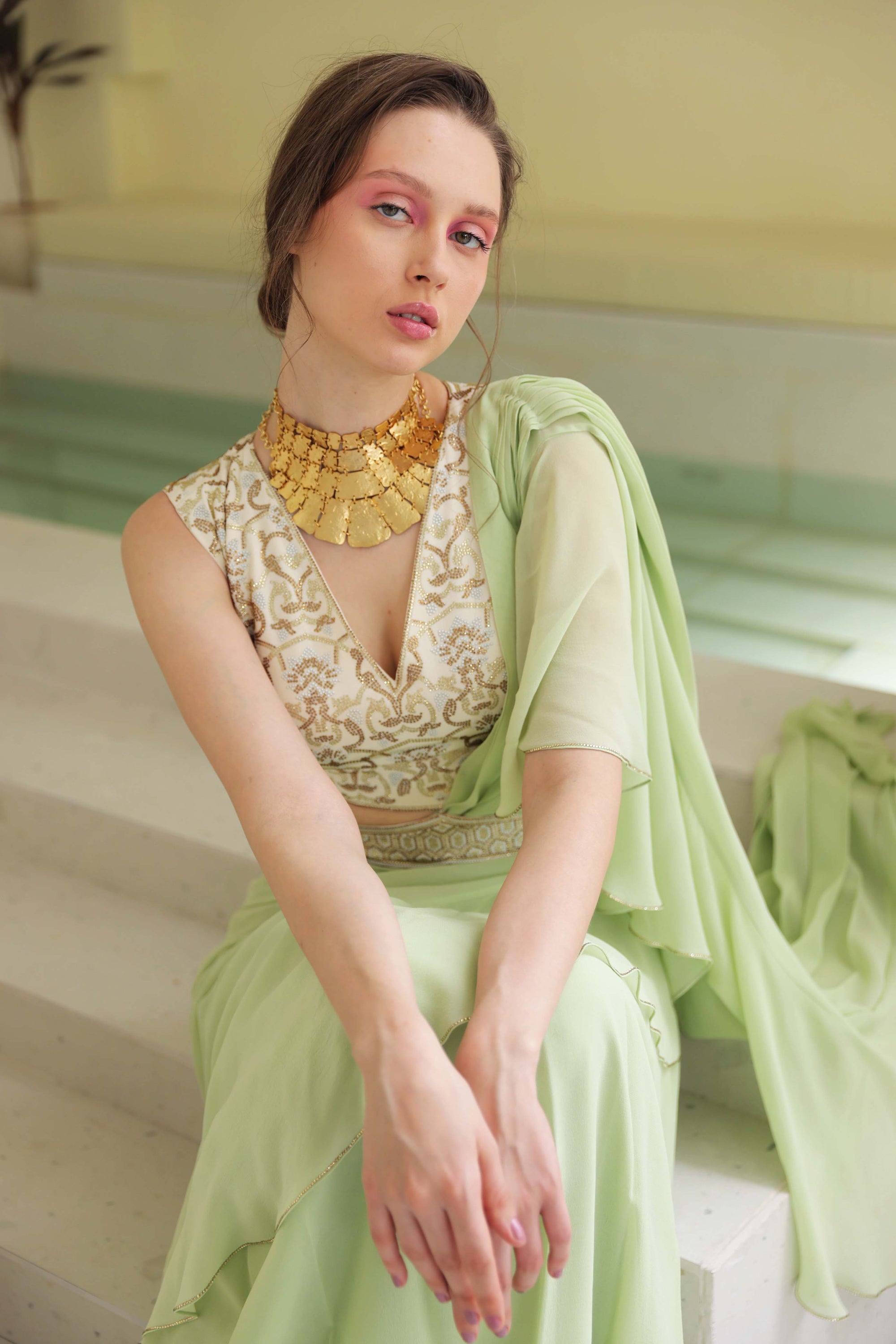 CY Chhaya Mehrotra Creme De Mint Saree Closeup 1