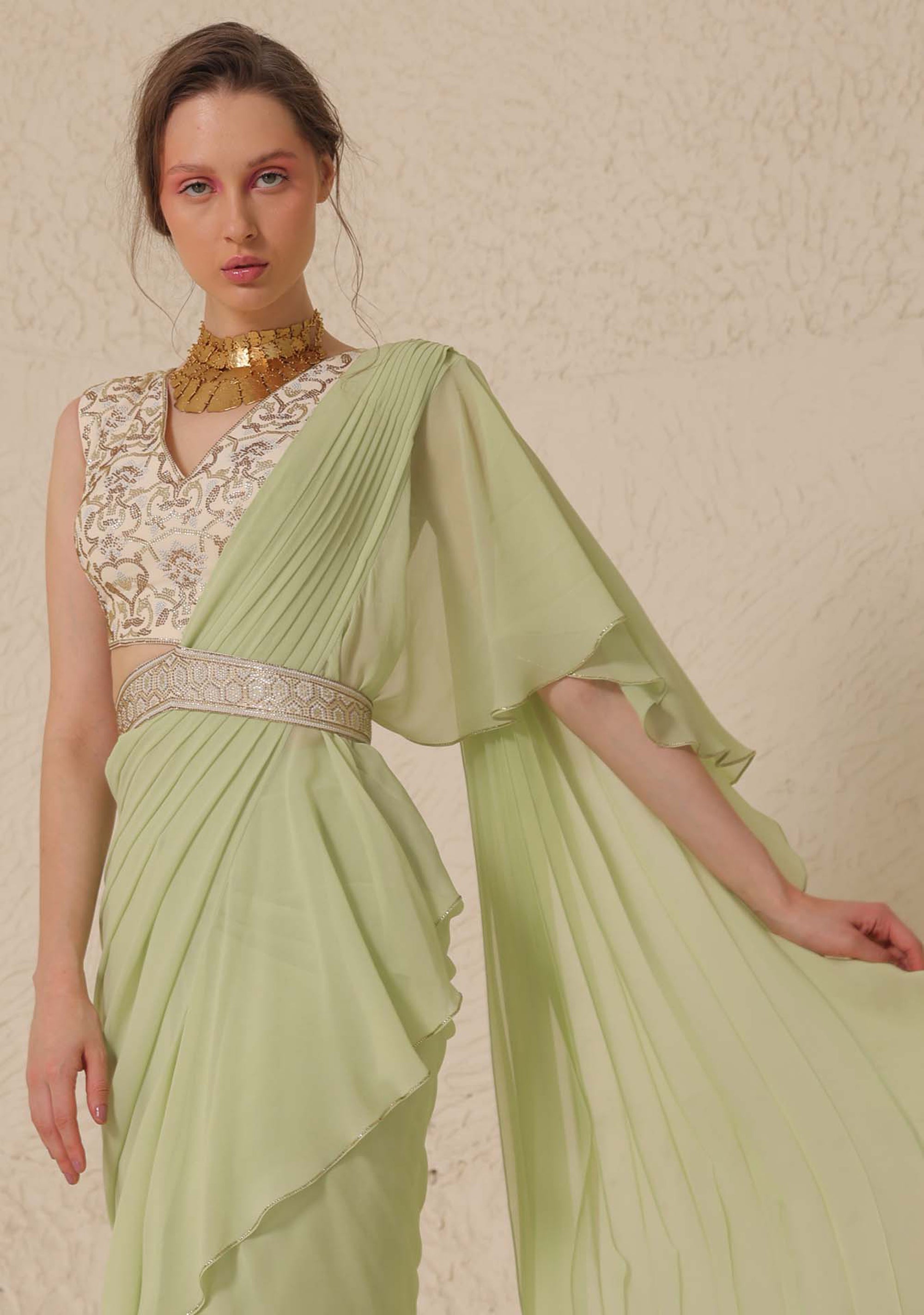 CY Chhaya Mehrotra Creme De Mint Saree Closeup 2