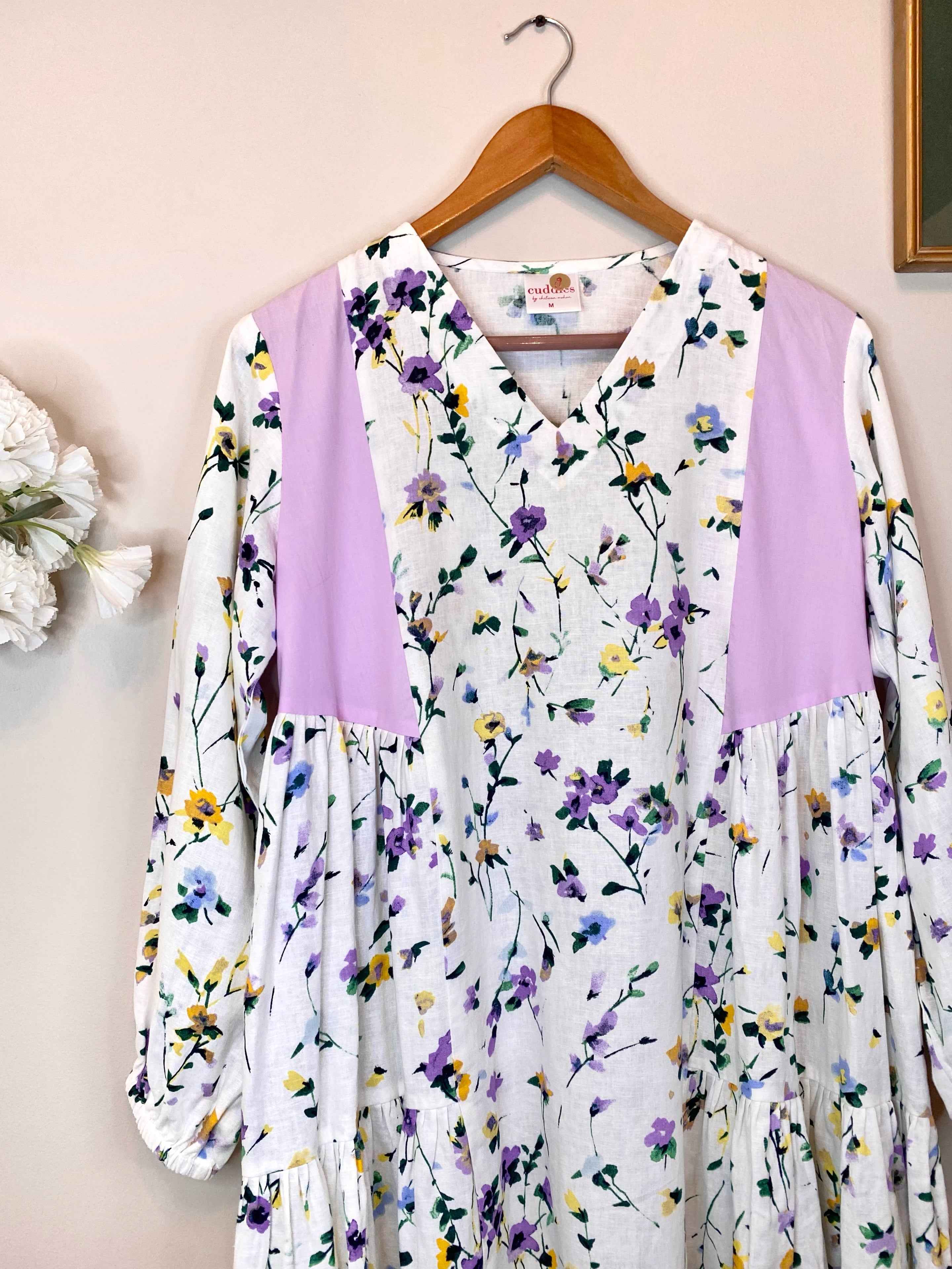 Lavender Floral Linen Midi Dress - CuddlesClothing