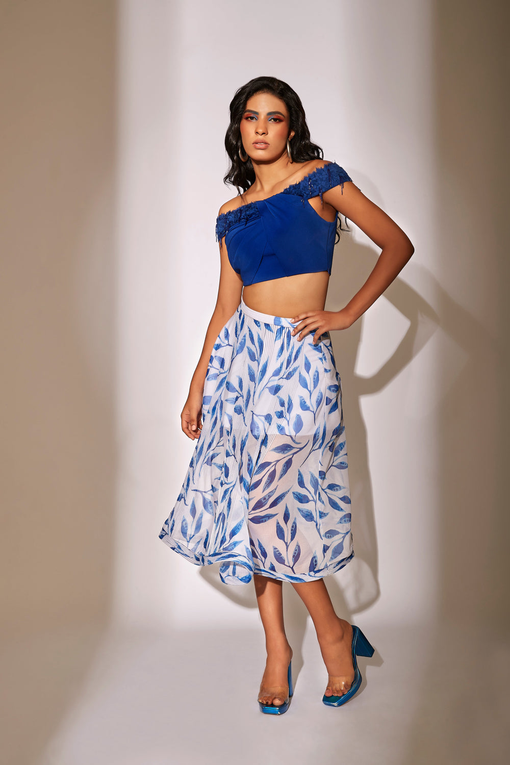 Blue Off Shoulder Top with Flared Skirt