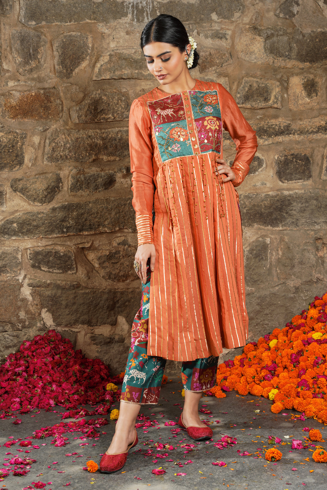 Leiyla-Orange Burst Chanderi Kurti Set