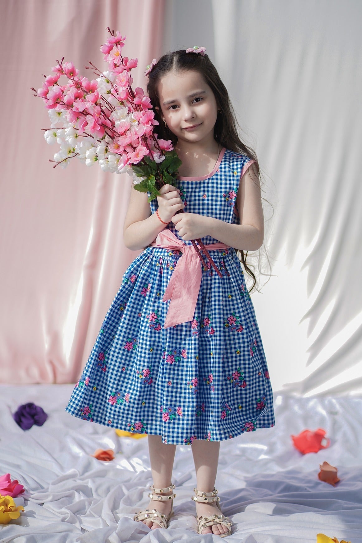 "Garden Plaid" Girls Cotton Sleeveless Dress - CuddlesClothing
