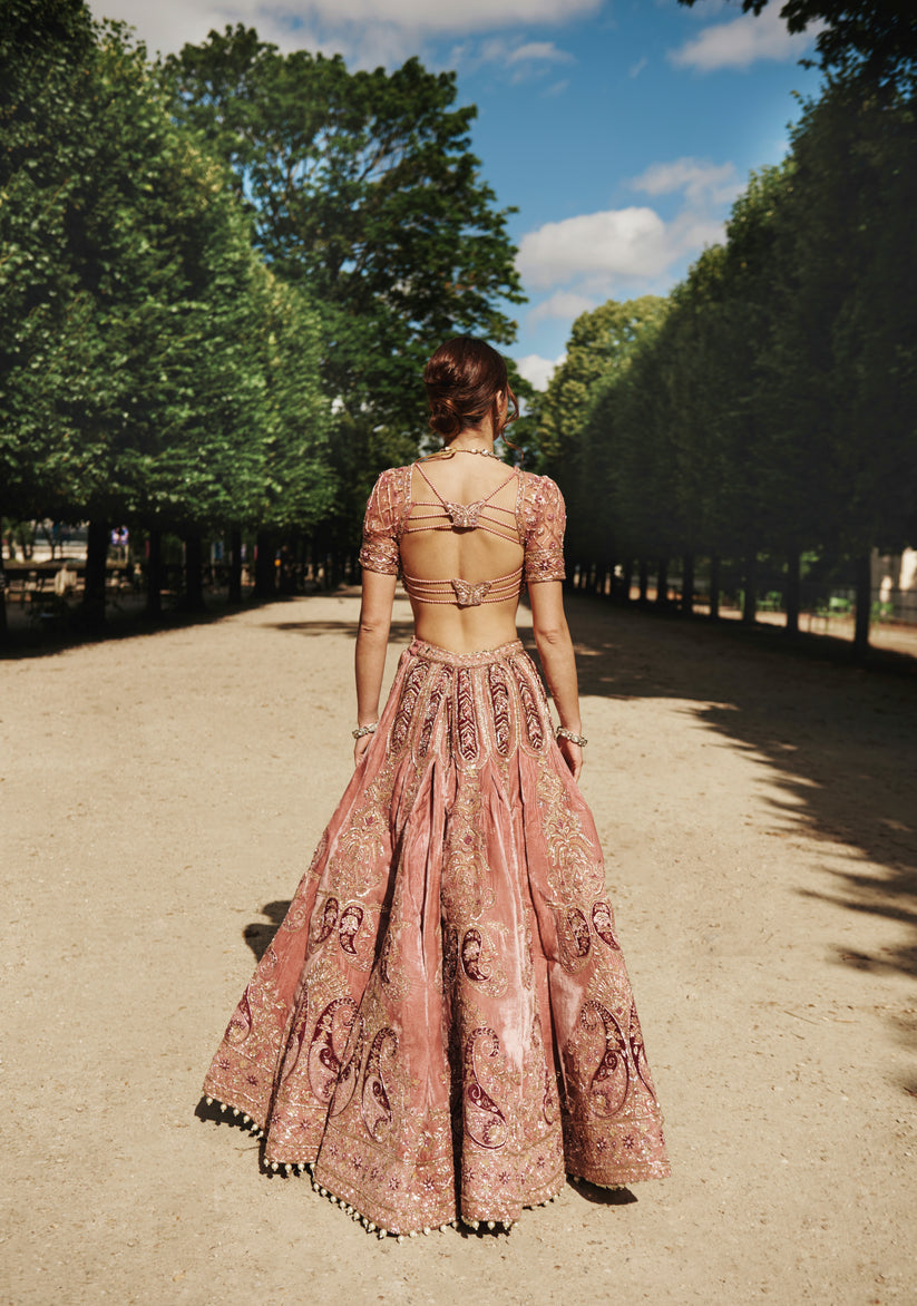 Mauve Velvet Embroidered Lehenga Set
