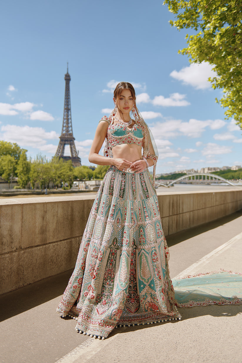 Turqouise Green Embroidered Lehenga Set