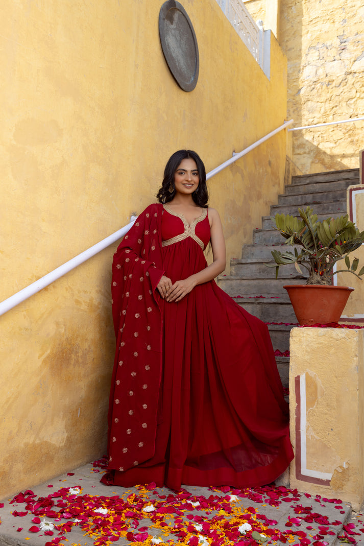 CY Deasha India Barkha Maroon Red Anarkali Set Front 2