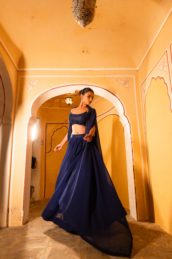 CY Deasha India Dia Navy Blue Detailed Lehenga Shrug Set Front 4