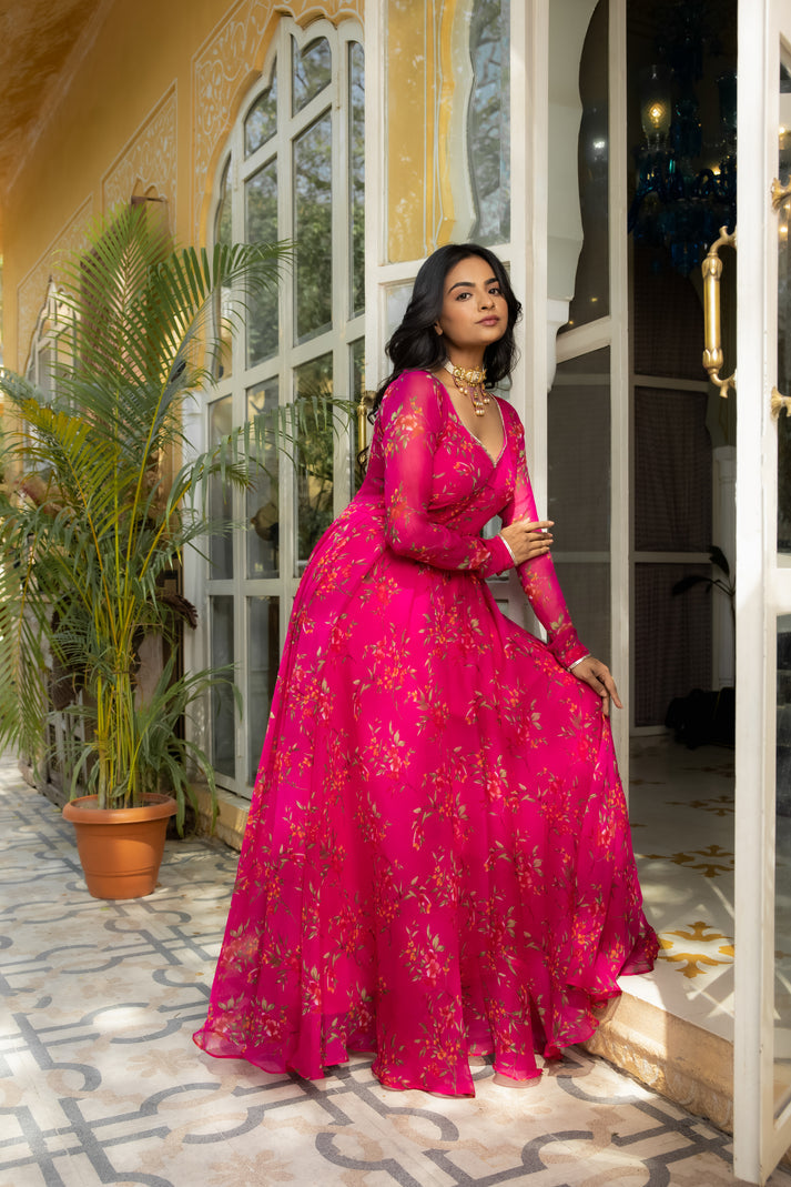 CY Deasha India Idika Magenta Pink Floral Printed Anarkali Set Front 2