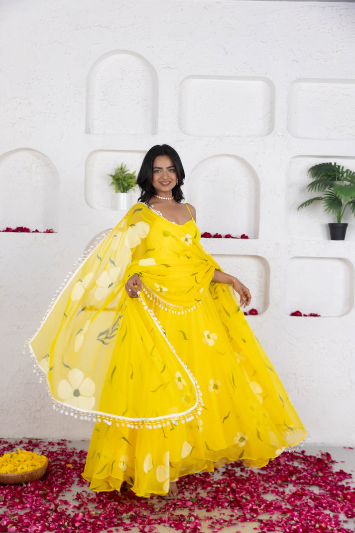CY Deasha India Nysa Yellow Handpainted Anarkali Set Front 3