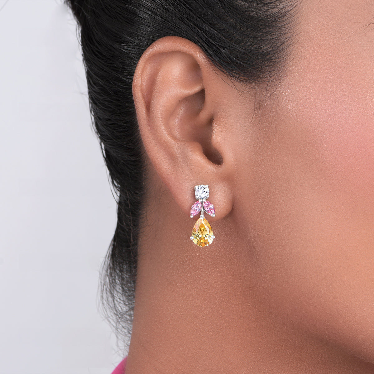 CY Diosa Paris Mix Shape White,Yellow And Pink Swarovski Zirconia Earrings Front 1