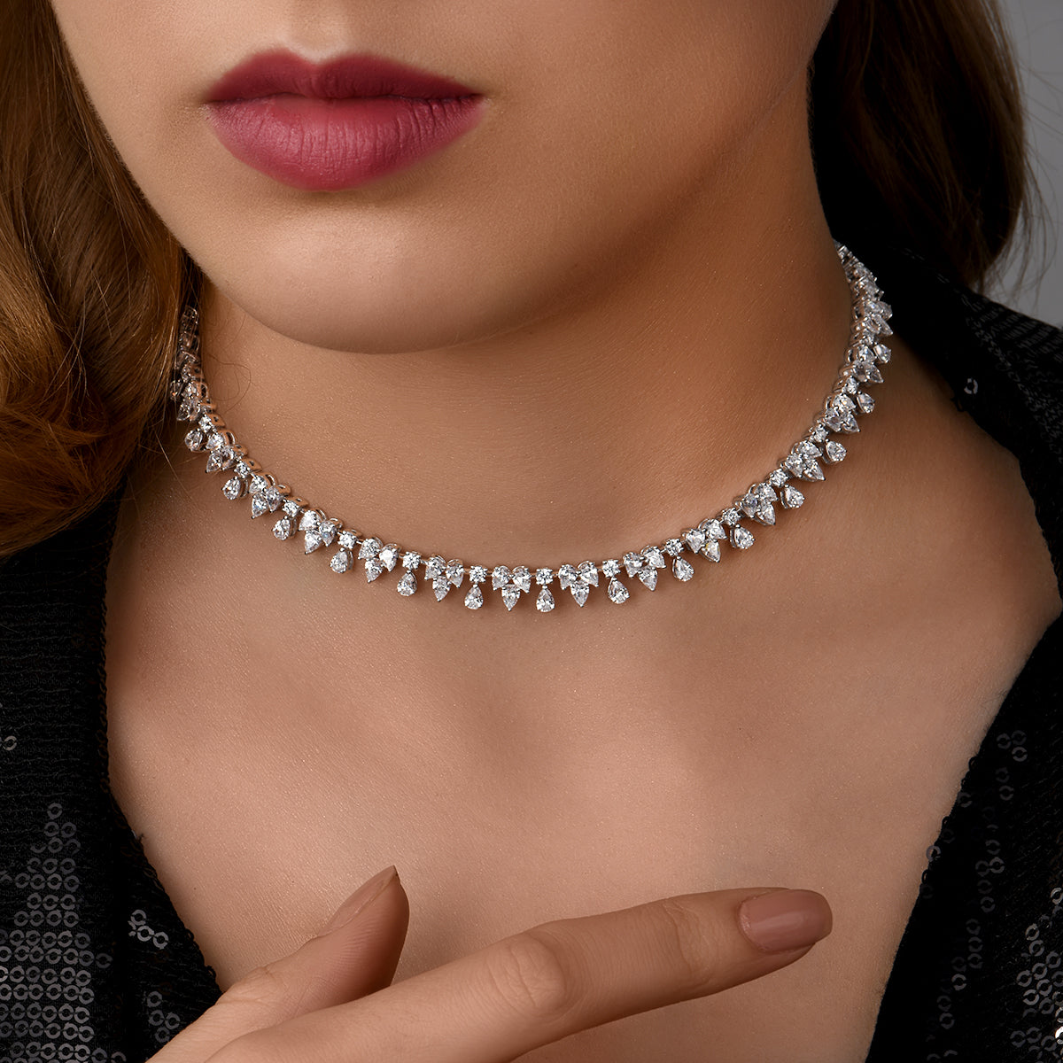 CY Diosa Paris Mix Shaped White Swarovski Zirconia Choker Necklace Front 1