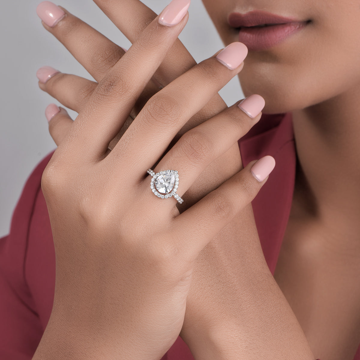 CY Diosa Paris Pear And Round Cut White Swarovski Zirconia Halo Ring Front 1