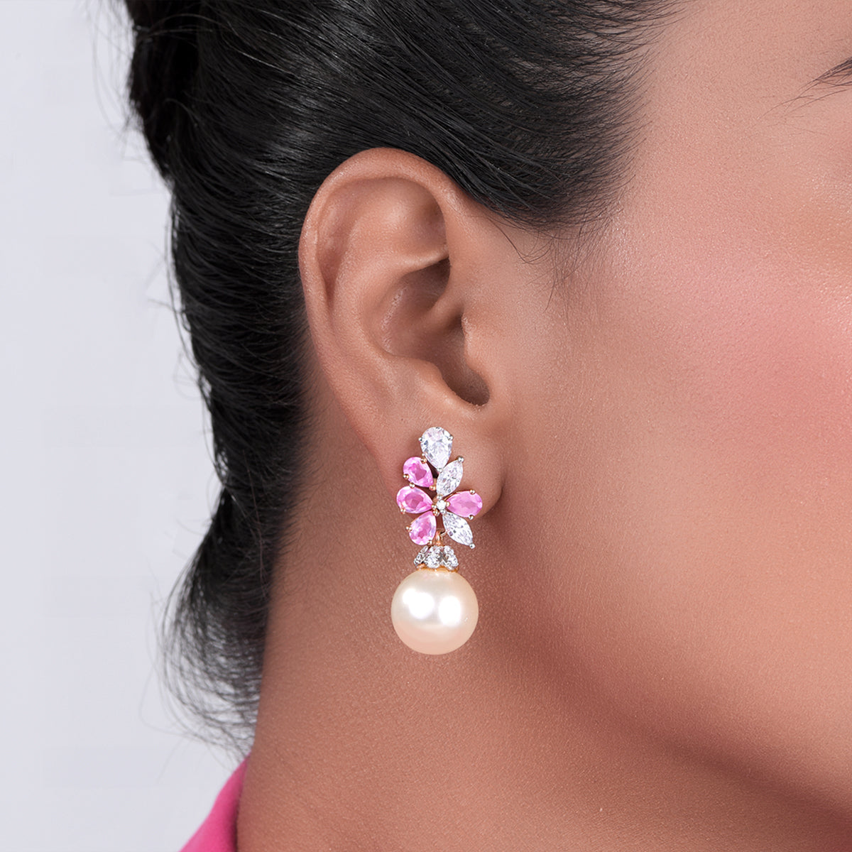 CY Diosa Paris Pear Cut Pink And White Swarovski Zirconia With White Koreal Pearl Earraings Front 1