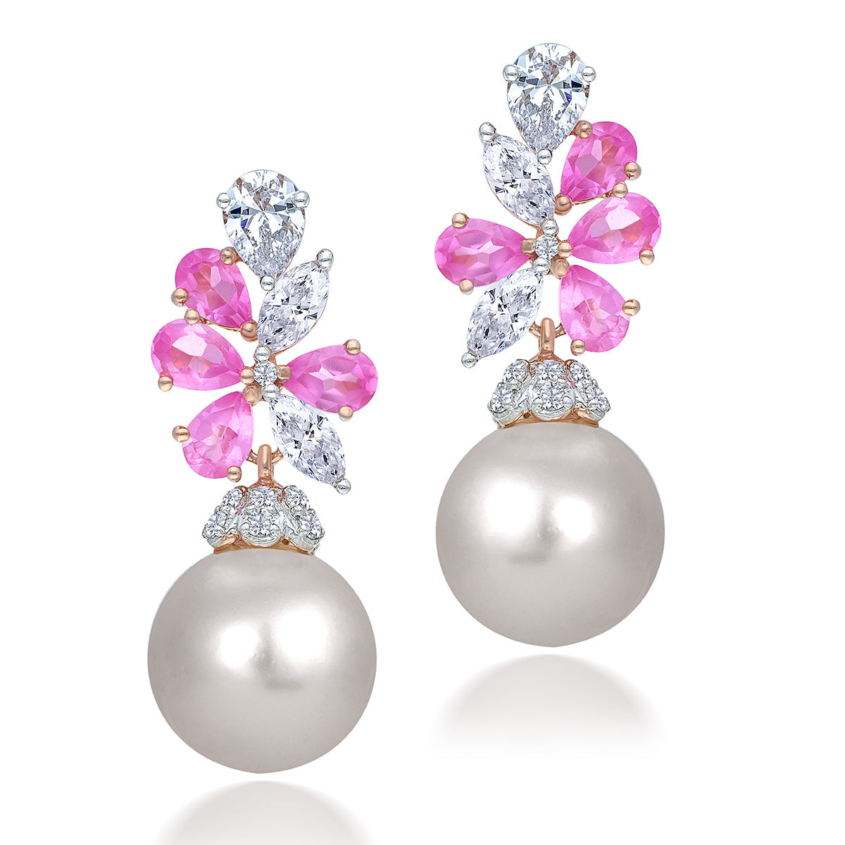 CY Diosa Paris Pear Cut Pink And White Swarovski Zirconia With White Koreal Pearl Earraings Front 2