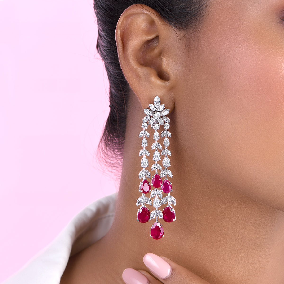 CY Diosa Paris Synthetic Pear Cut Ruby And Mix Shaped White Swarovski Zirconia Earrings Front 1