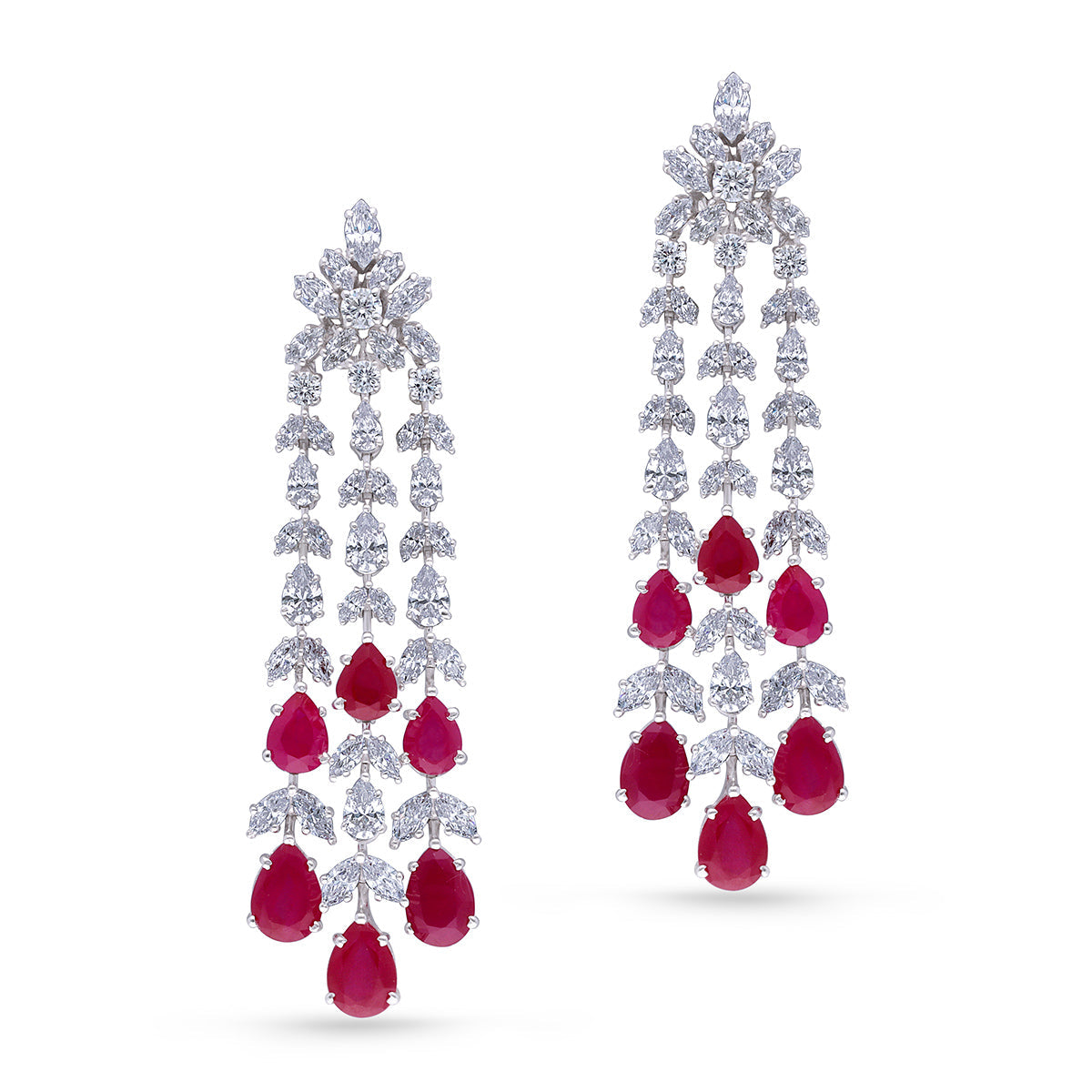CY Diosa Paris Synthetic Pear Cut Ruby And Mix Shaped White Swarovski Zirconia Earrings Front 2