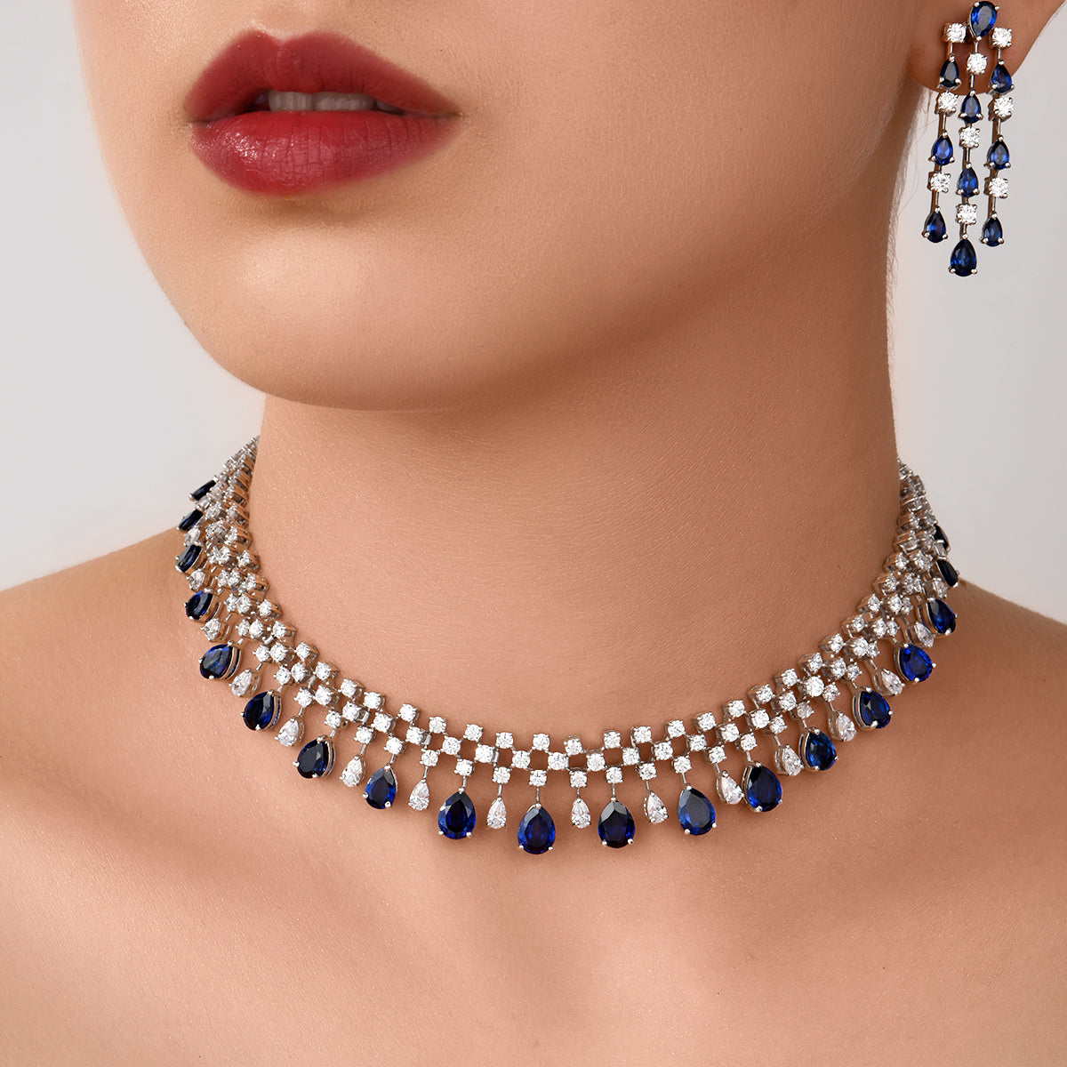 CY Diosa Paris Synthetic Pear Cut Sapphire And White Swarovski Zirconia Necklace Front 1