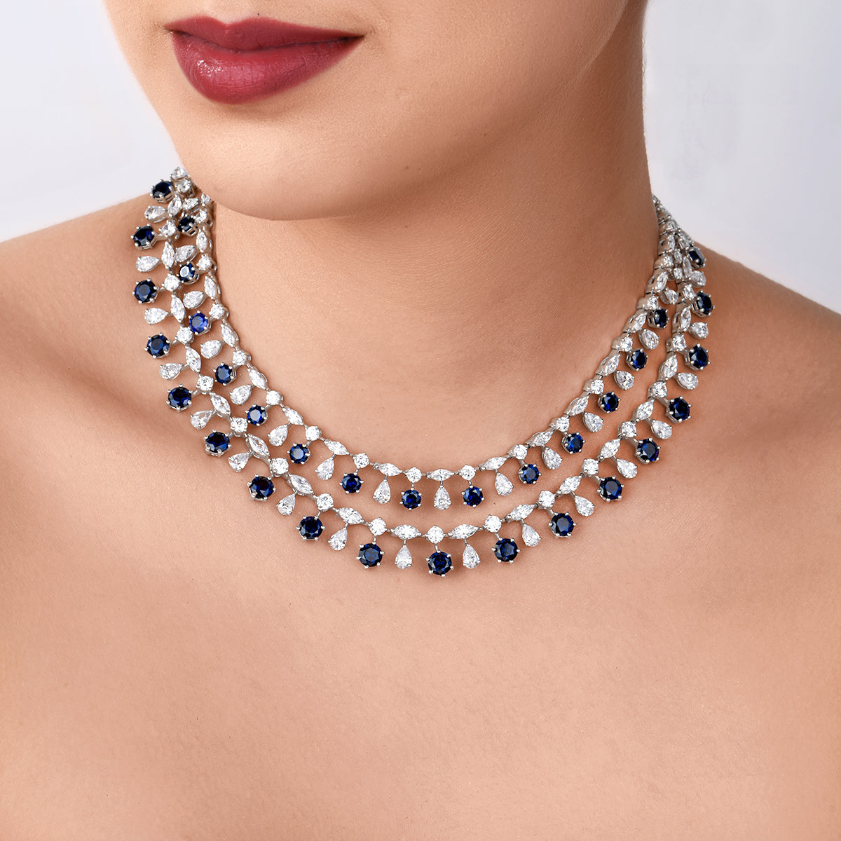 CY Diosa Paris Synthetic Sapphire And White Swarovski Zirconia Layered Necklace Front 1