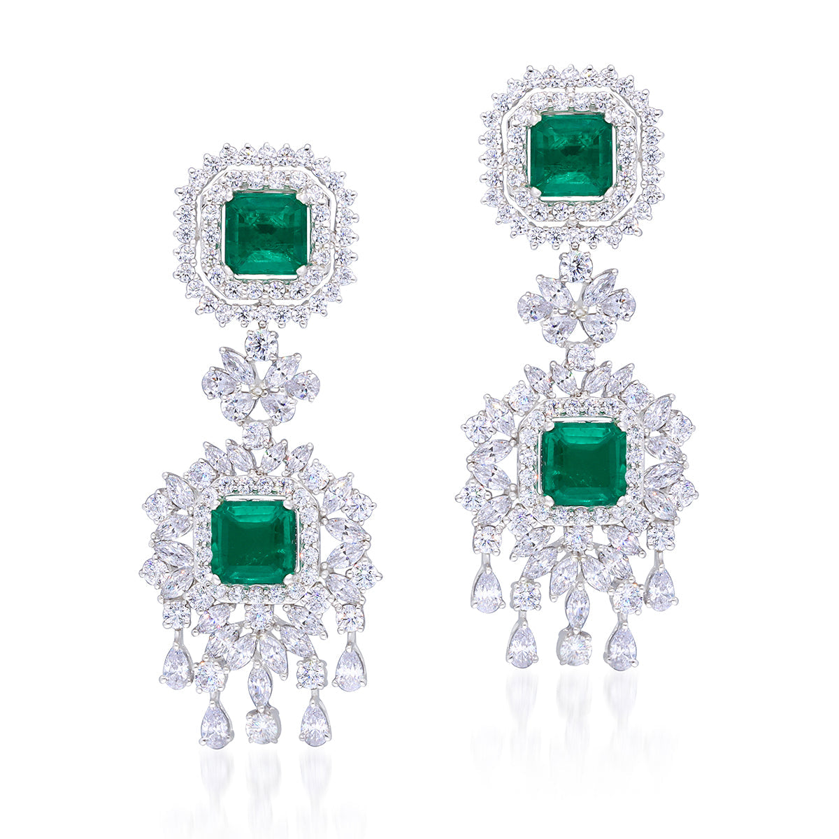 CY Diosa Paris Synthetic Square Cut Green Emerald And White Swarovski Zirconia Earrings Front 2