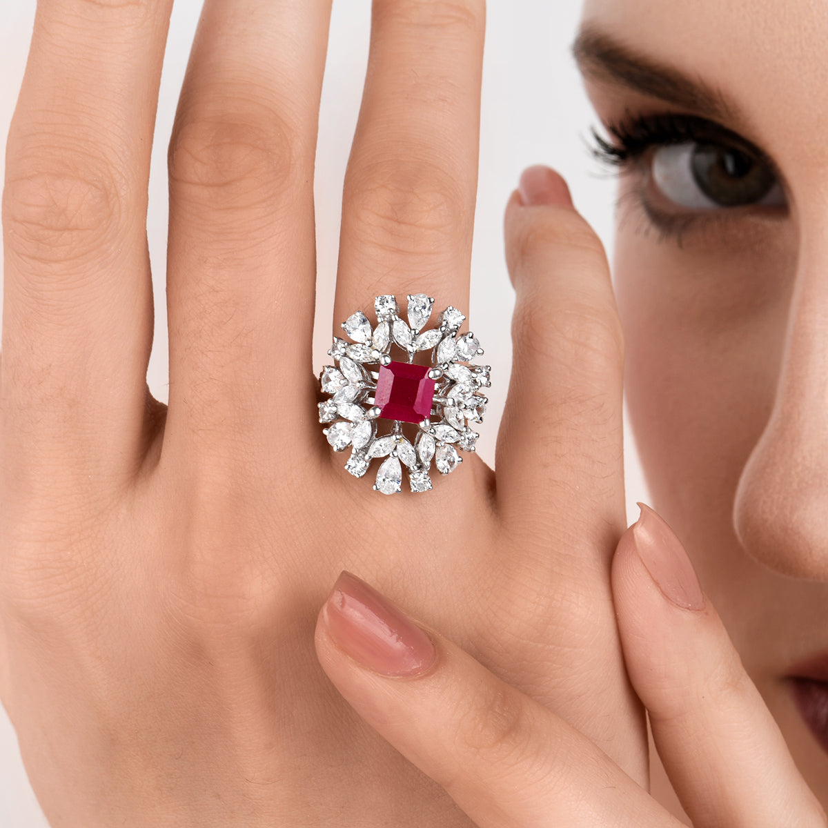 CY Diosa Paris Synthetic Square Cut Ruby And White Swarovski Zirconia Ring Front 1