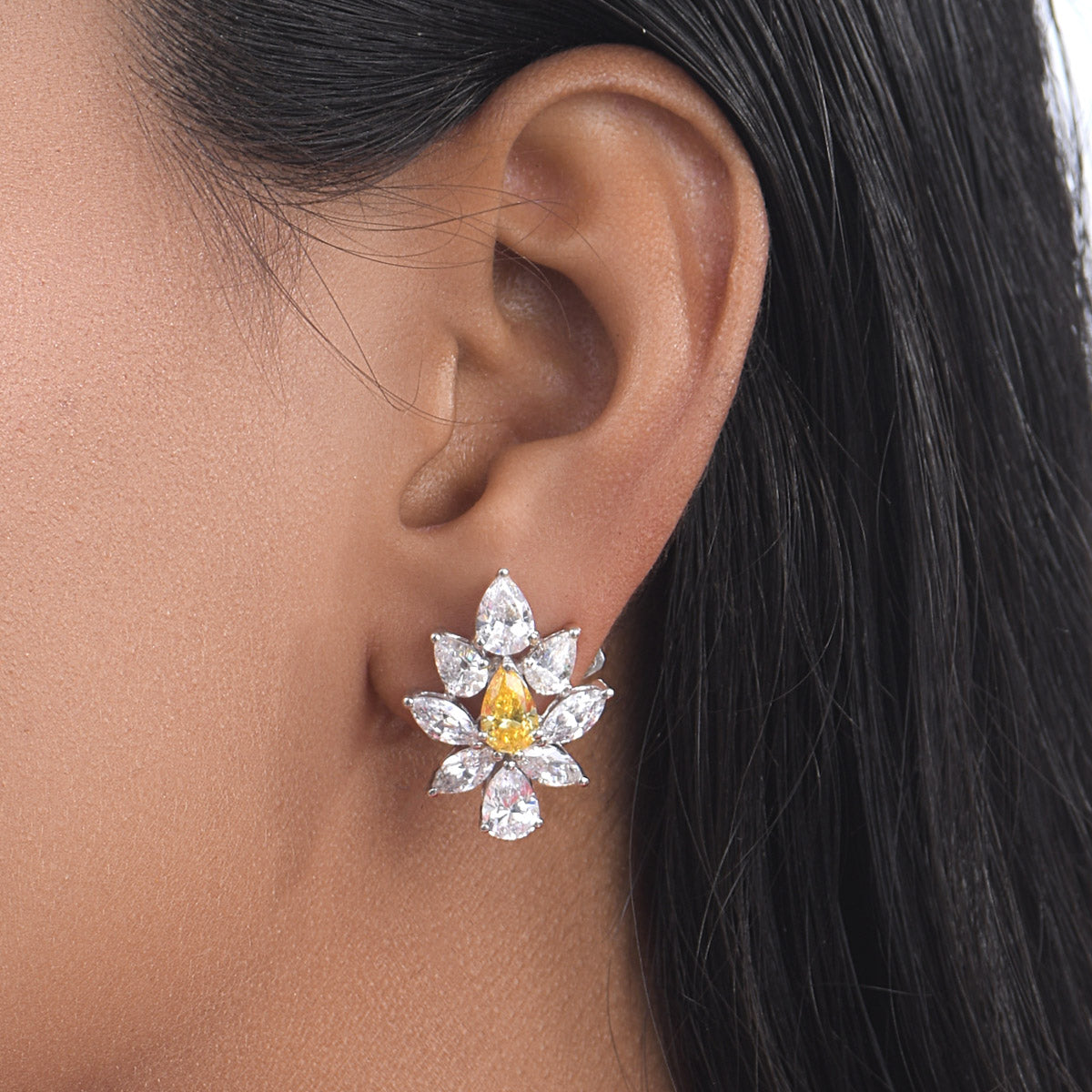 CY Diosa Paris Yellow Pear And White Swarovski Zirconia Earrings Front 1
