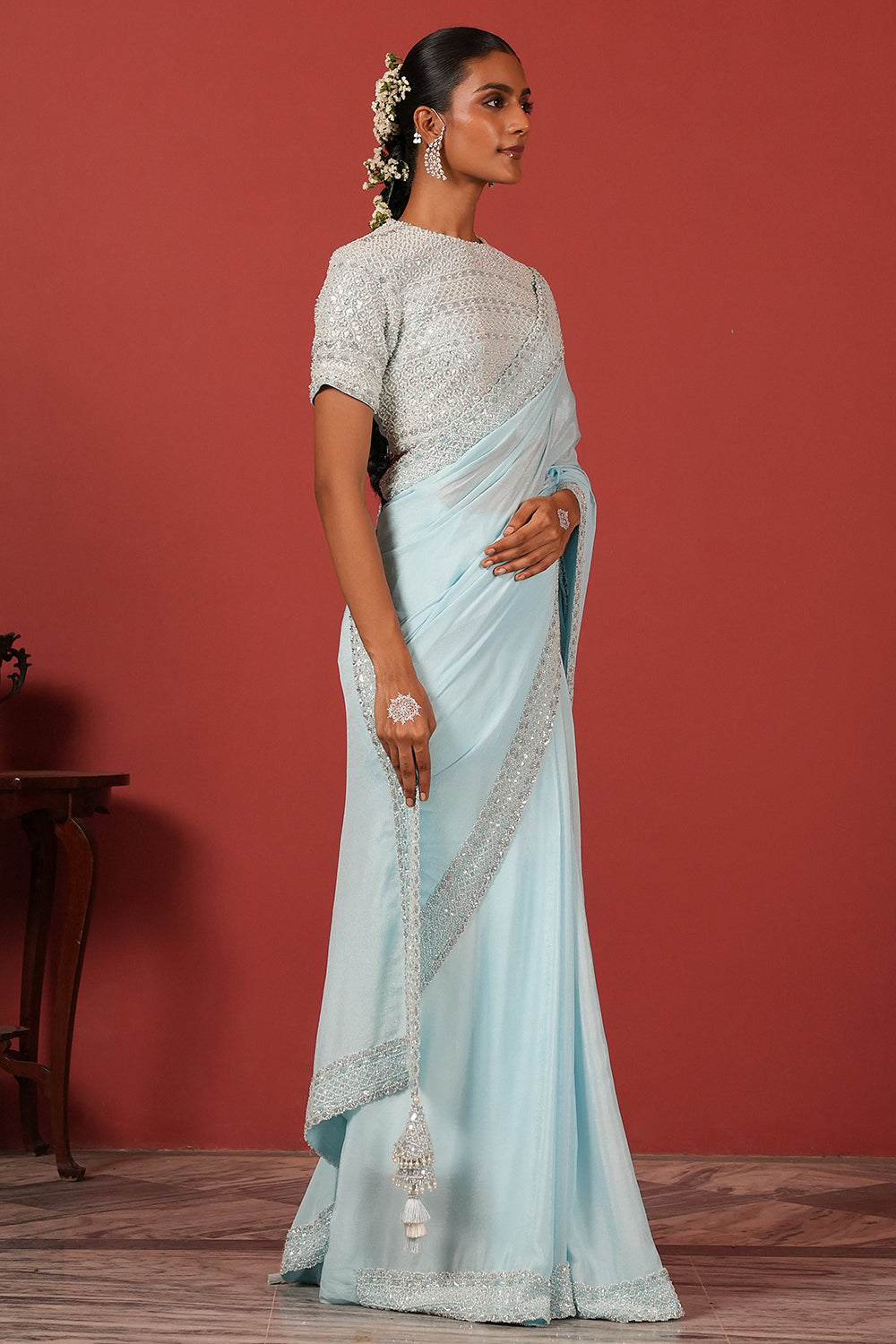 Embroidered Blue Saree Set with Modern Tie-Up Blouse