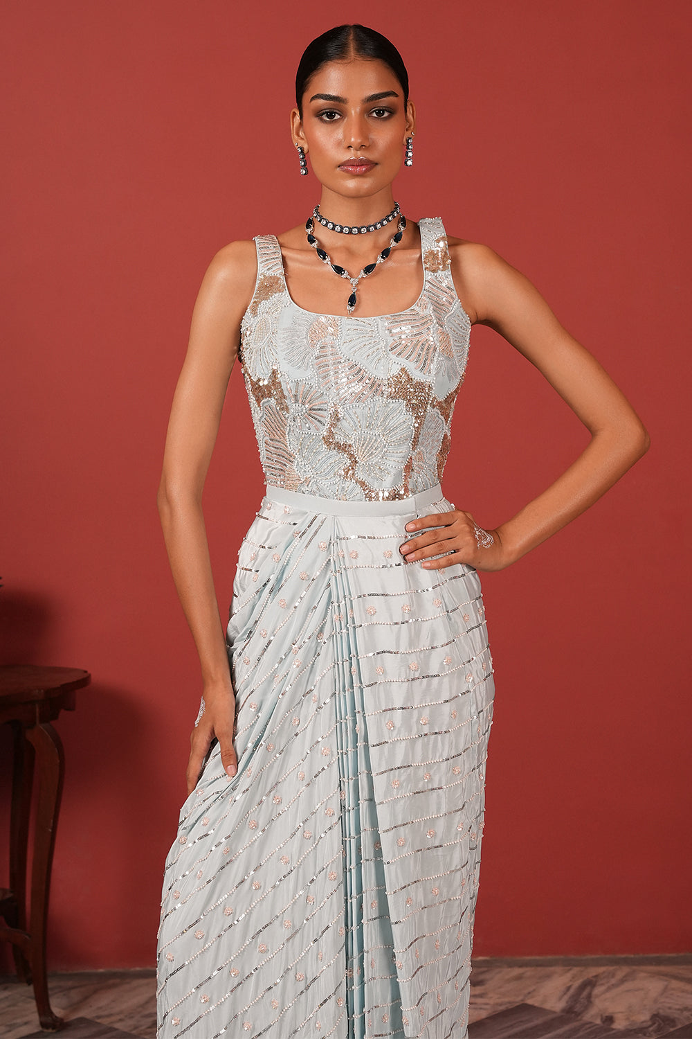 Embroidered Corset Blouse and Drape Skirt Set