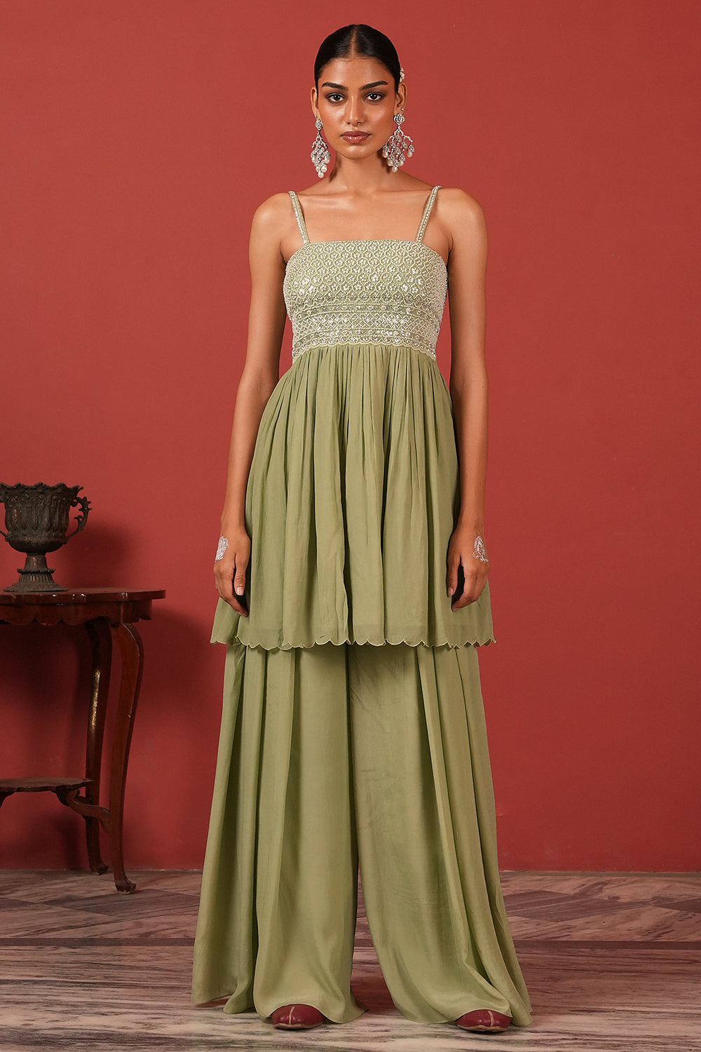 Embroidered Peplum Top & Palazzo Fusion Set