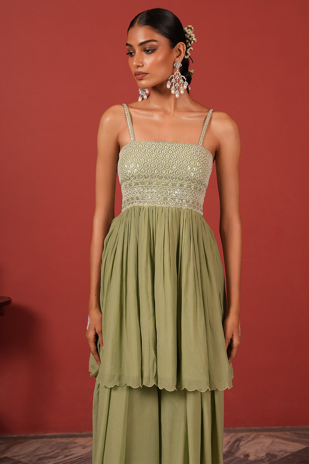 Embroidered Peplum Top & Palazzo Fusion Set