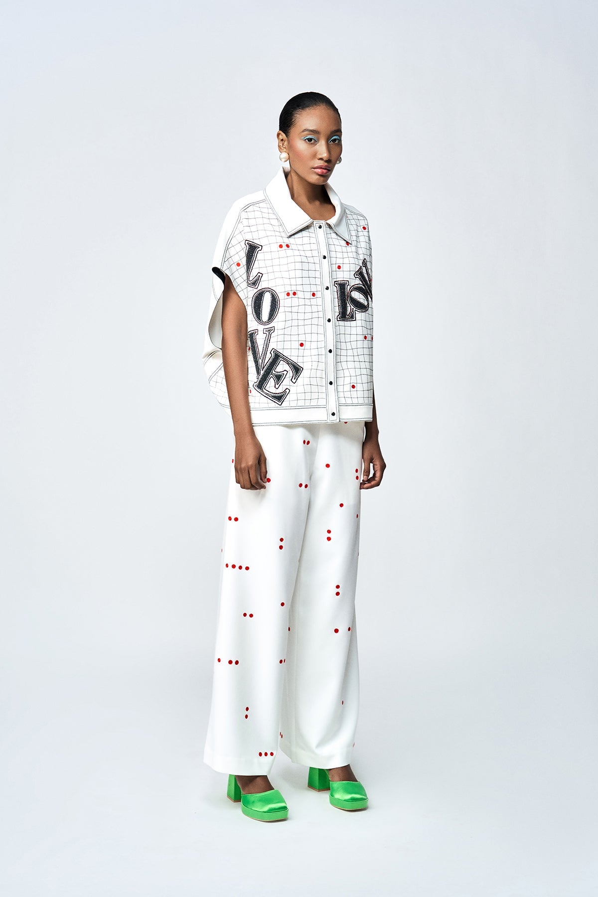 FLARED PANTS OF (LOVE CHECKS OVERSIZED SHIRT JACKET)