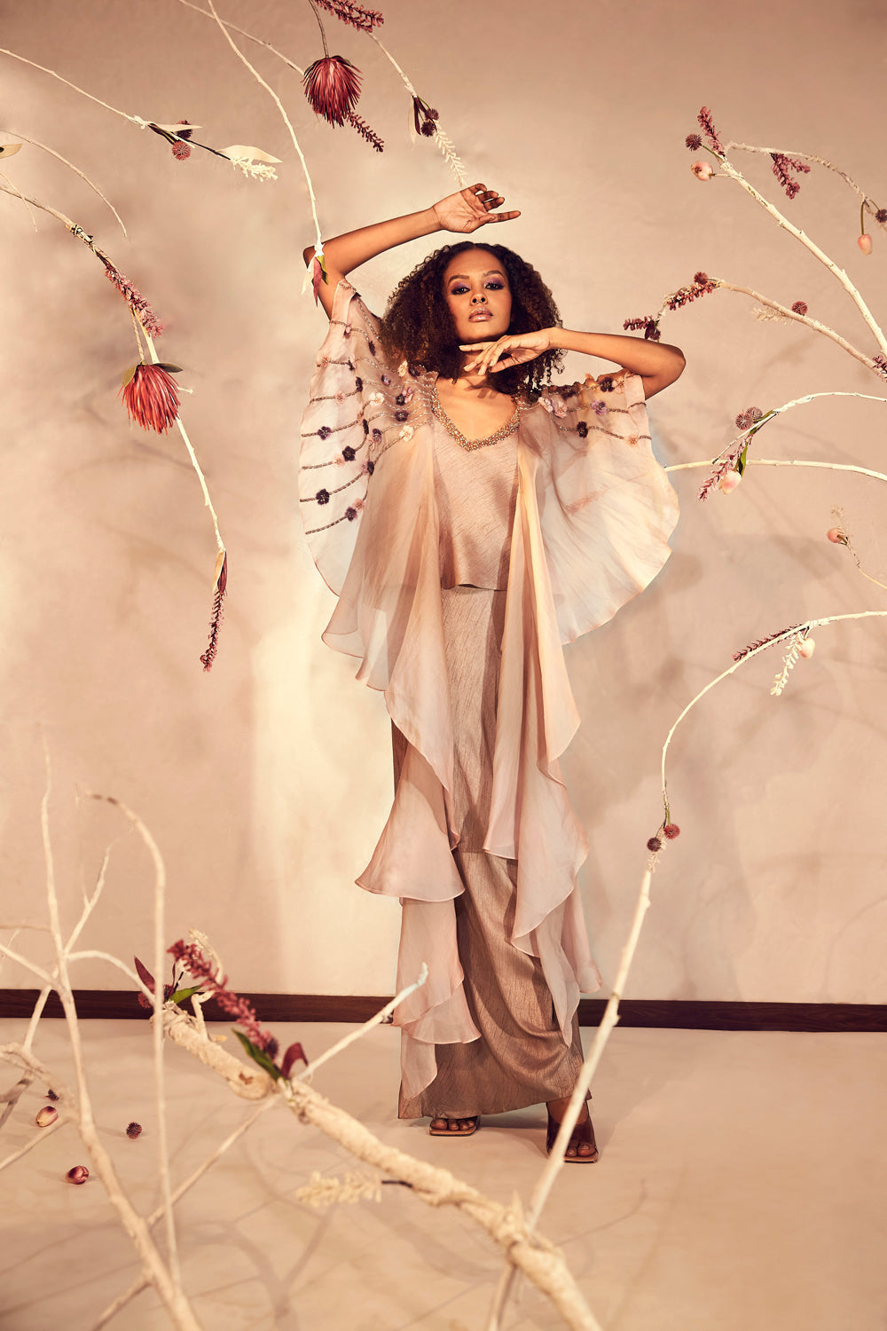 Coffee Top with Flared Pants And Cape